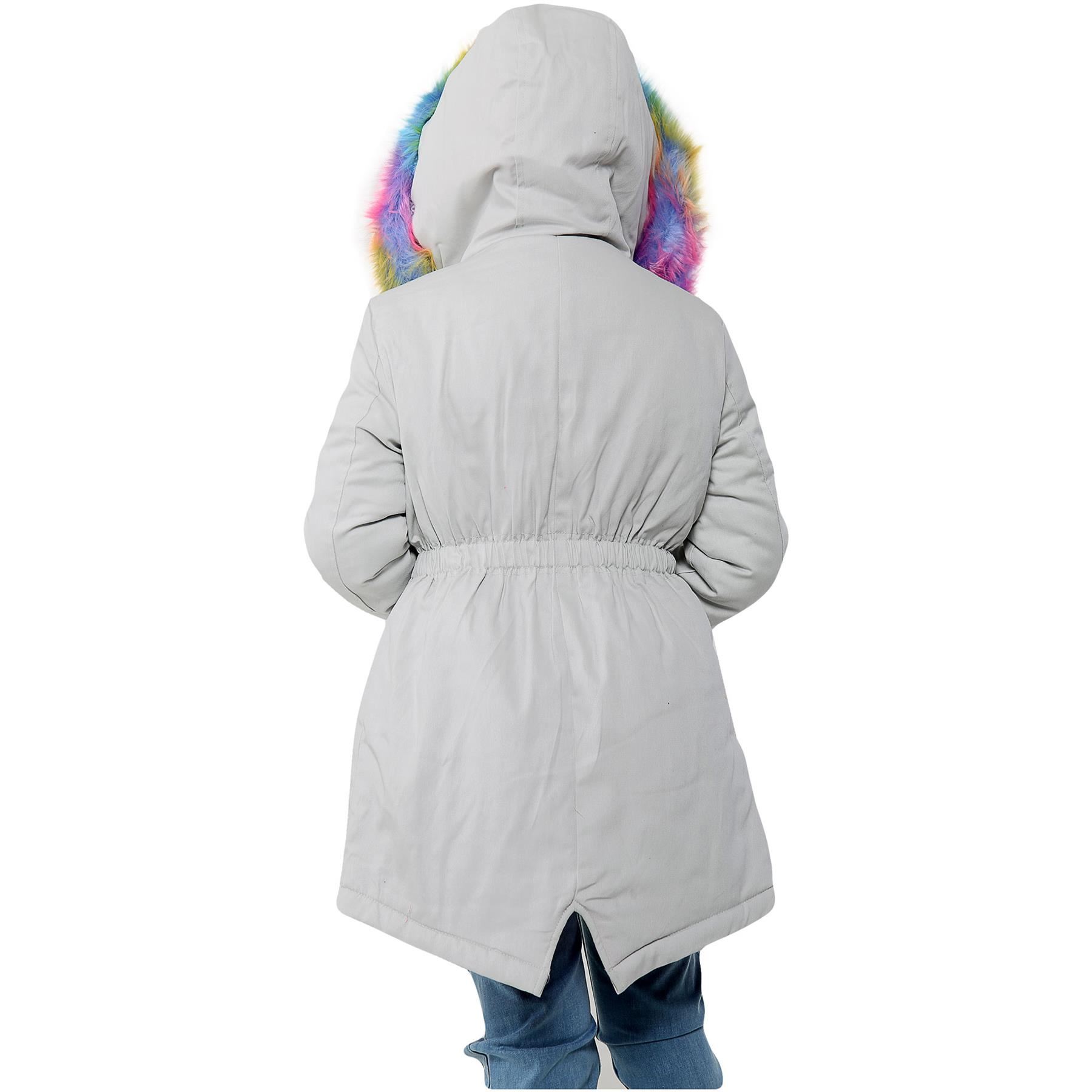 Kids Girls Hooded Jacket Rainbow Fur Silver Grey Parka School Outwear Jackets - Picture 6 of 7