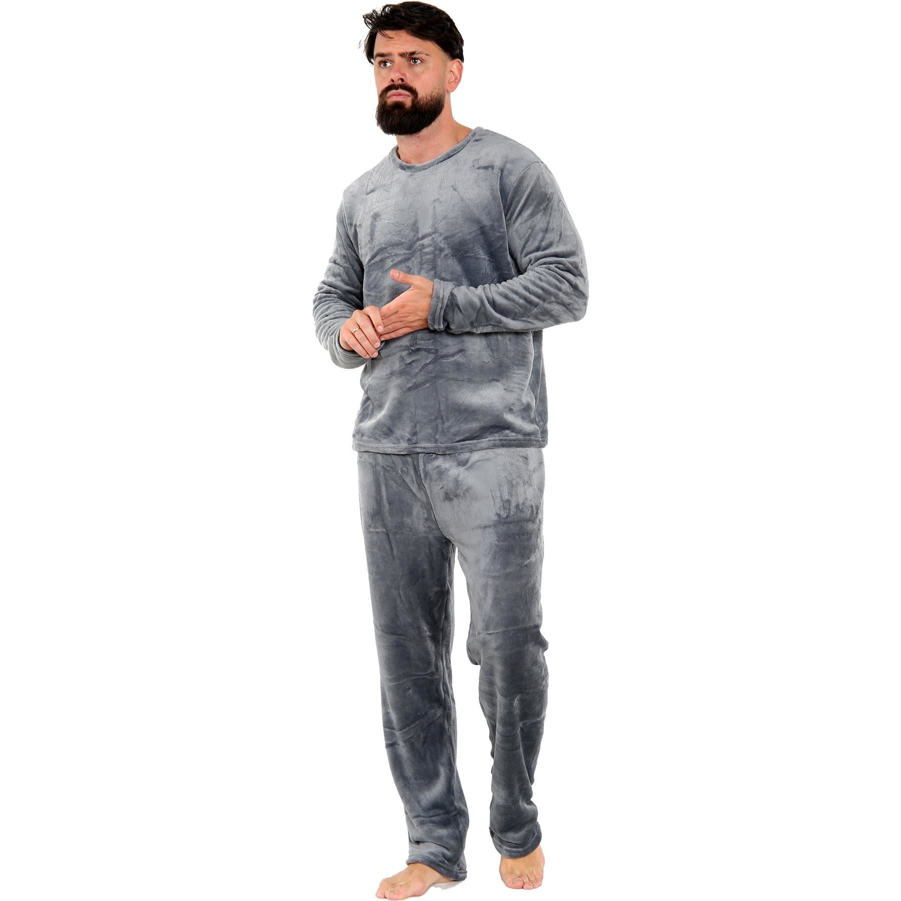 Mens Pyjamas Soft Warm Fleece Adults Crew Neck Pyjamas 2 Piece Gift Set For Mens - Picture 12 of 25