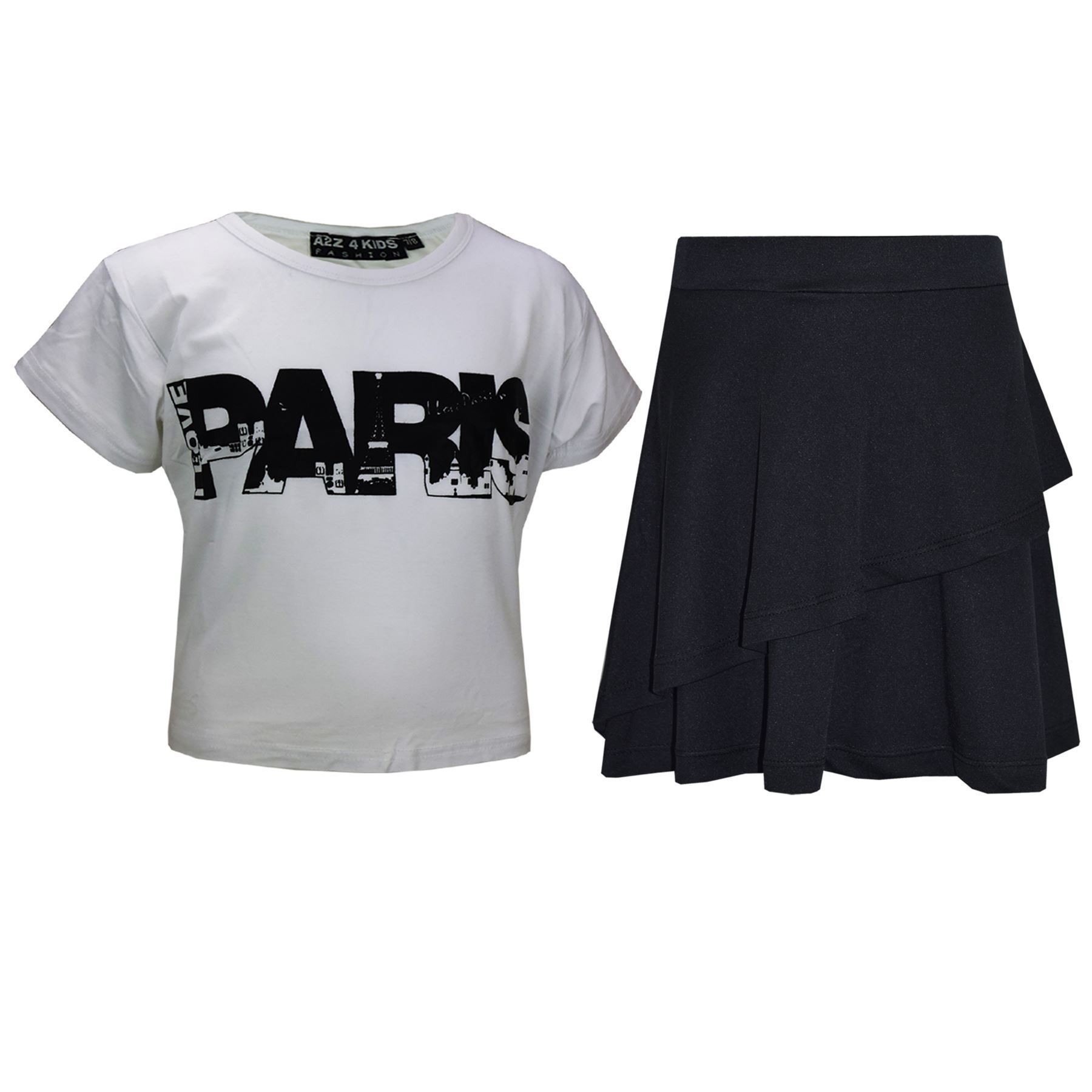 Kids Girls Crop Top And Fril Skirt Trendy Stylish Crew Neck Skater Skirt Set - Picture 38 of 41