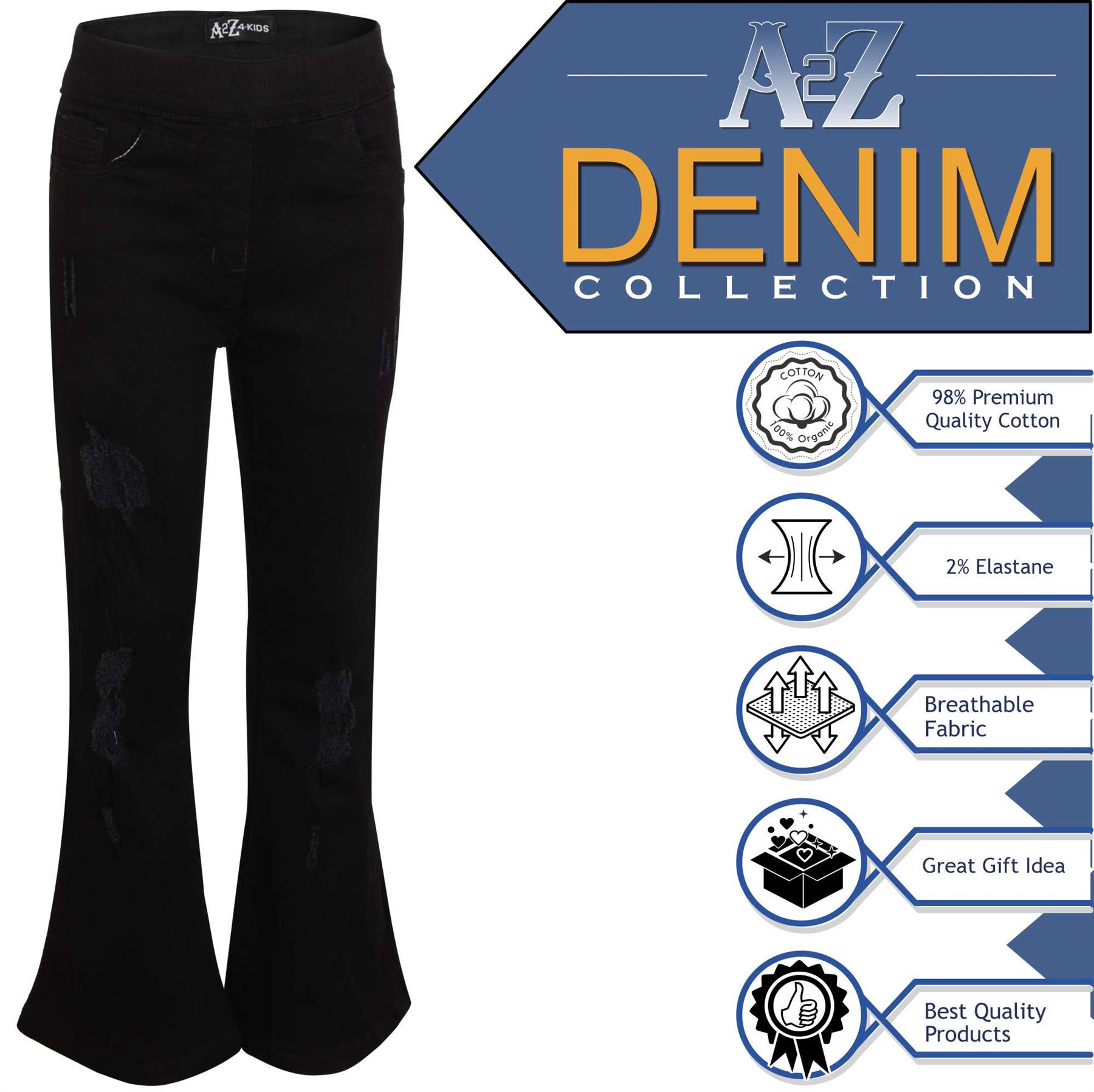 Kids Girls Denim Jeans Comfort Stretchy Flared Bell Bottom Jet Black Ripped Pant - Picture 6 of 8