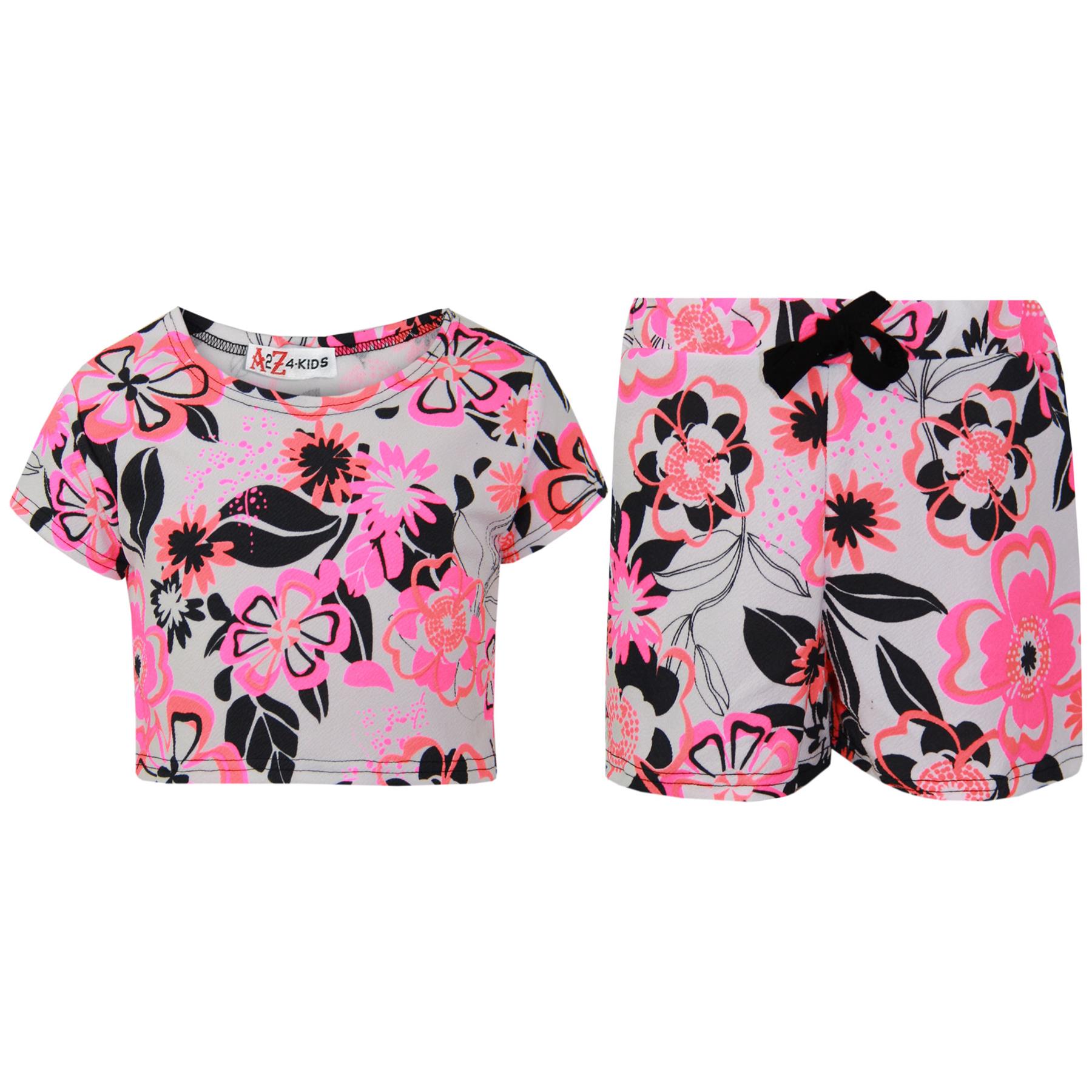 Kids Girls Crop Top & Shorts Neon Pink Floral Fashion Summer Outfit Short Sets - Picture 2 of 7