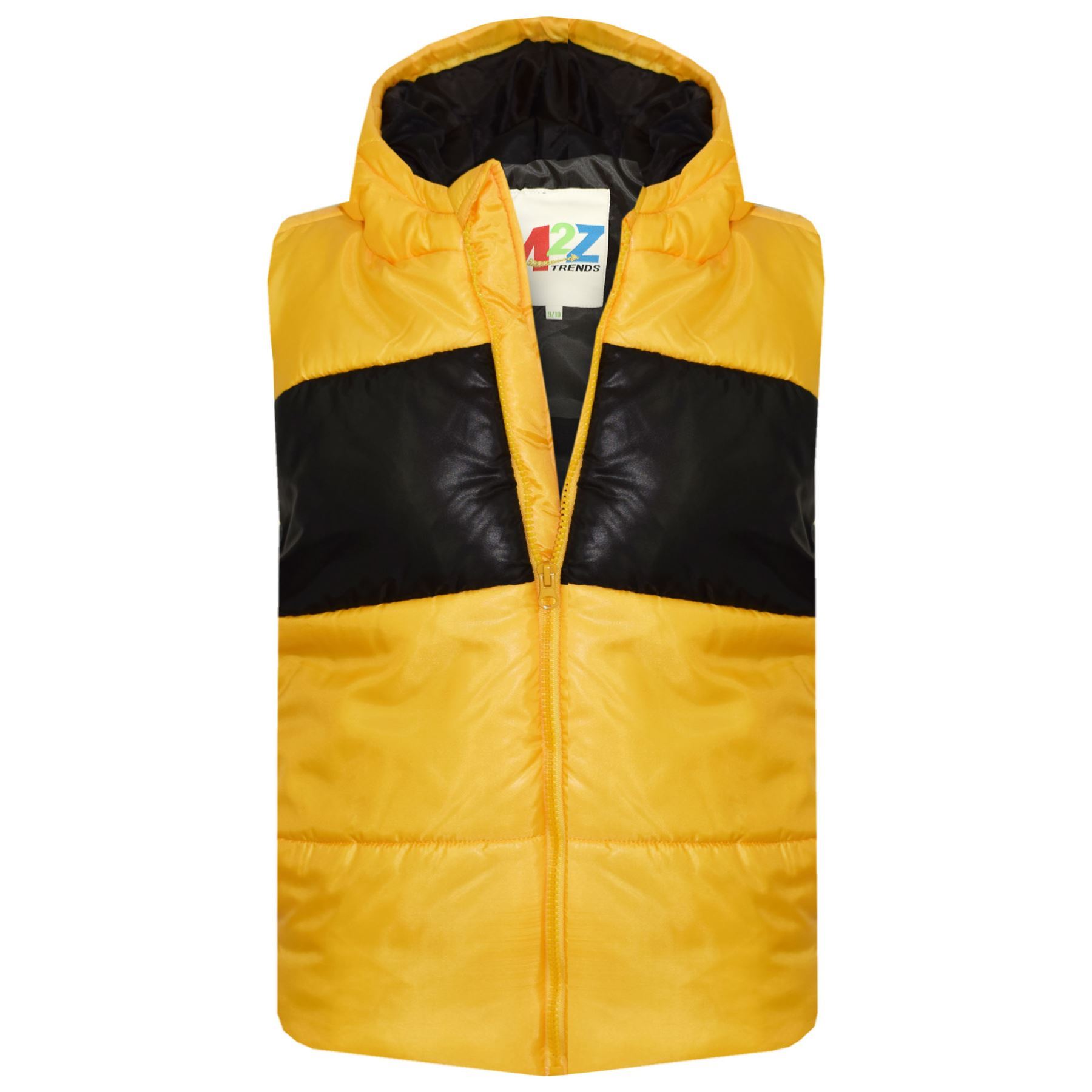 Kids Girls Boys Contrast Panel Gilet Mustard Sleeveless Hooded Bodywarmer Jacket