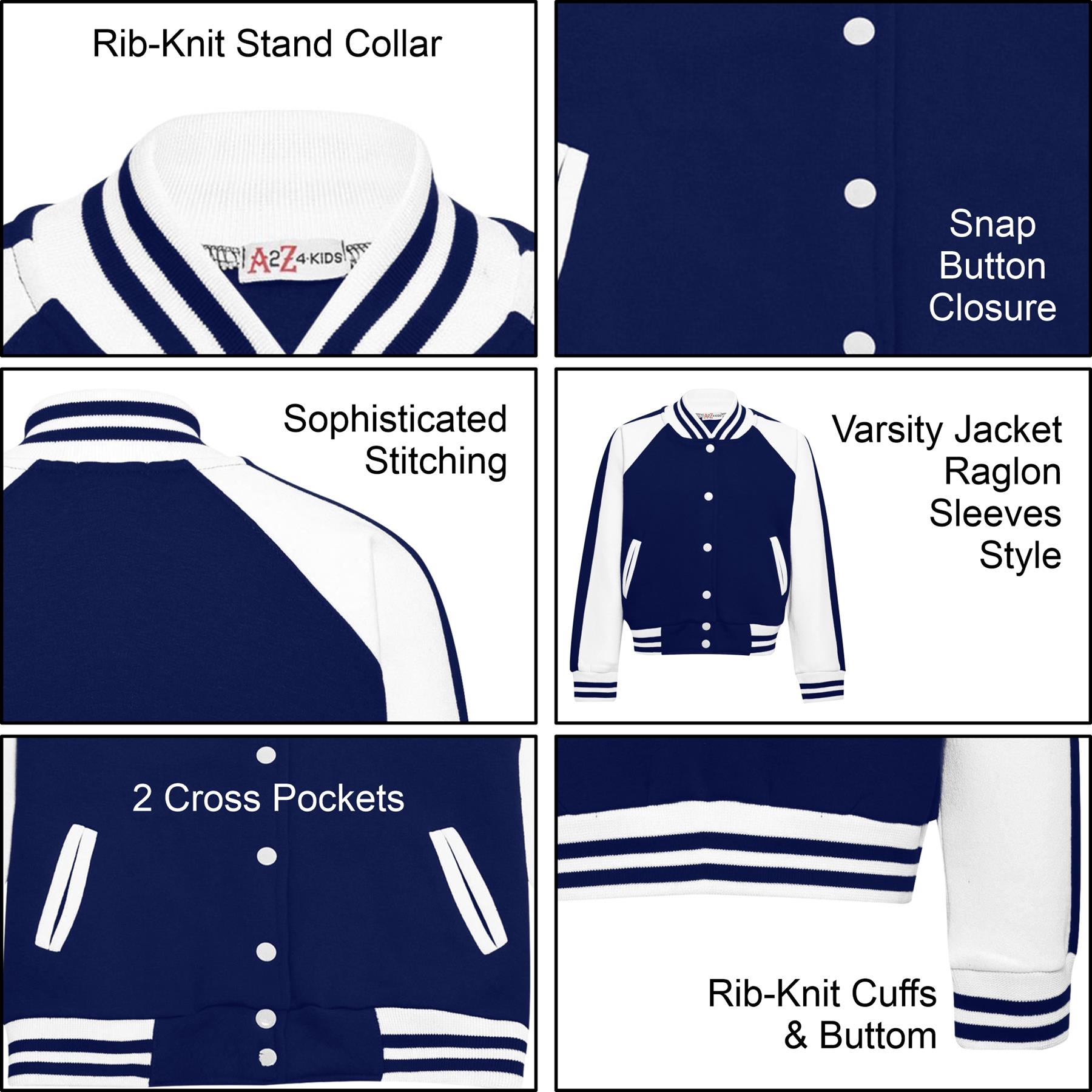 Kids B.b Plain Jacket Varsity Style Long Sleeve Coat Girls Boys Age 2-13 Years - Picture 103 of 106