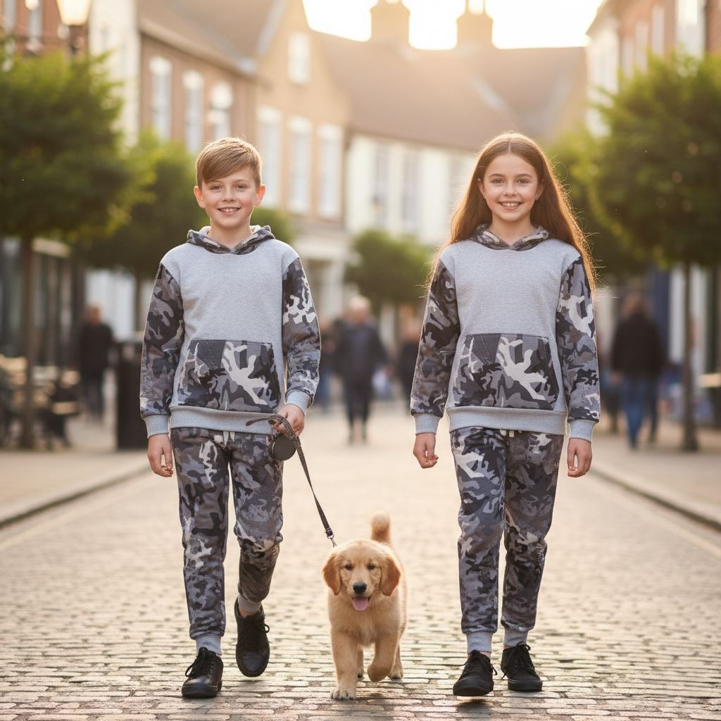 A2Z 4 Kids Boys Girls Tracksuit Camouflag Contrast Grey Hoodie Jogger Outfit Set - Produktbild 3