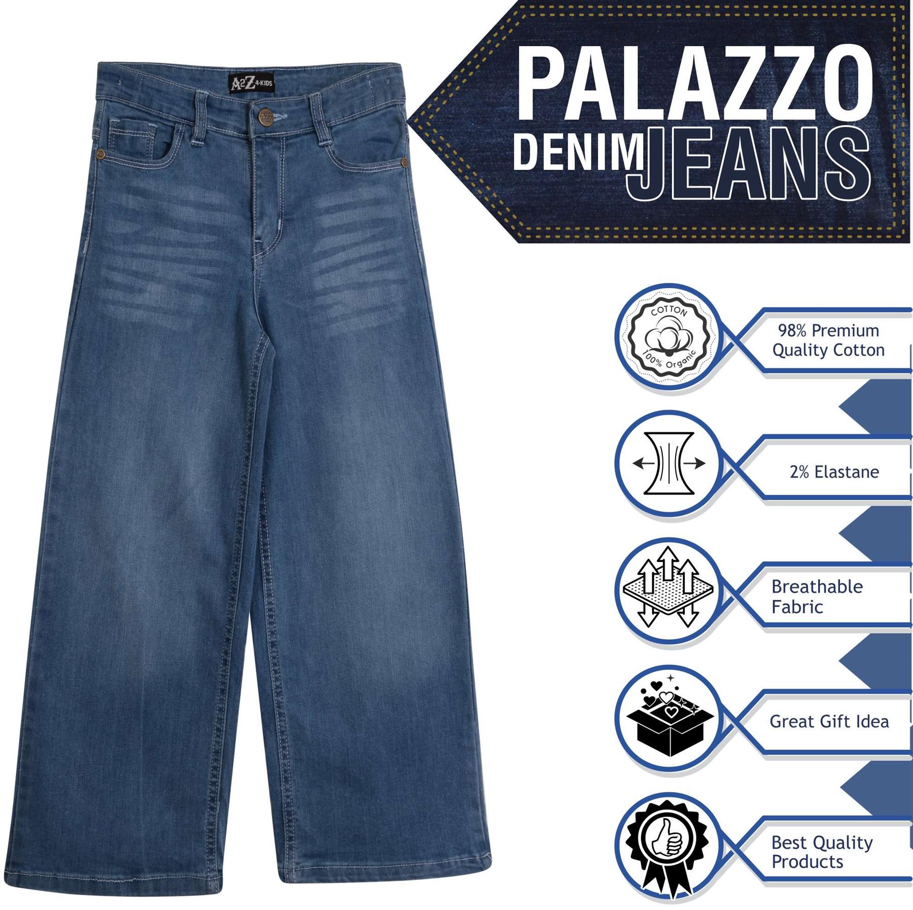 Kids Girls Relaxed Baggy Palazzo Jeans For Teens Flare Stretchy Denim Jeans - Picture 19 of 23