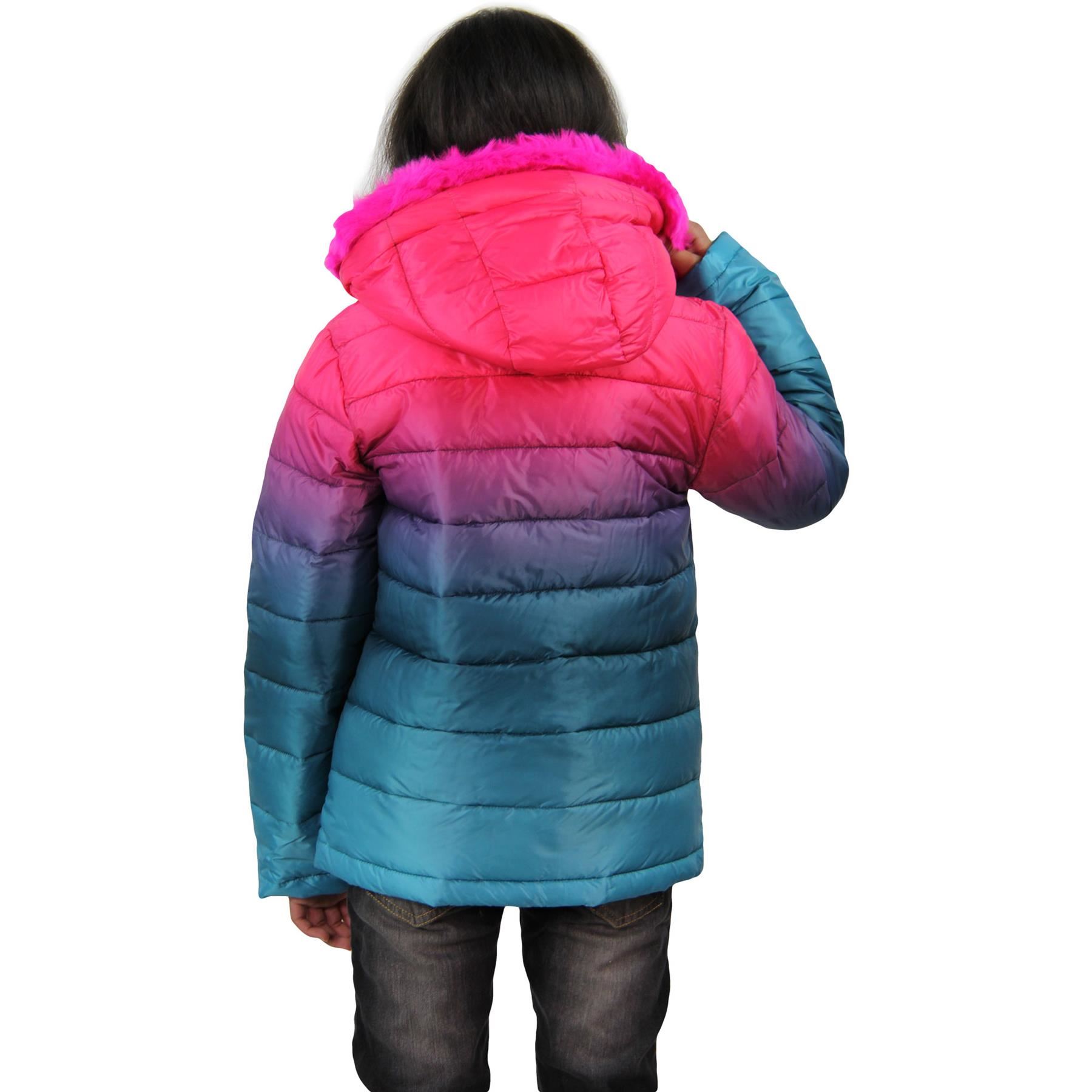 Kids Girls Puffer Jacket Faux Fur Hooded 3D Two Tone Gift Coats Age 5