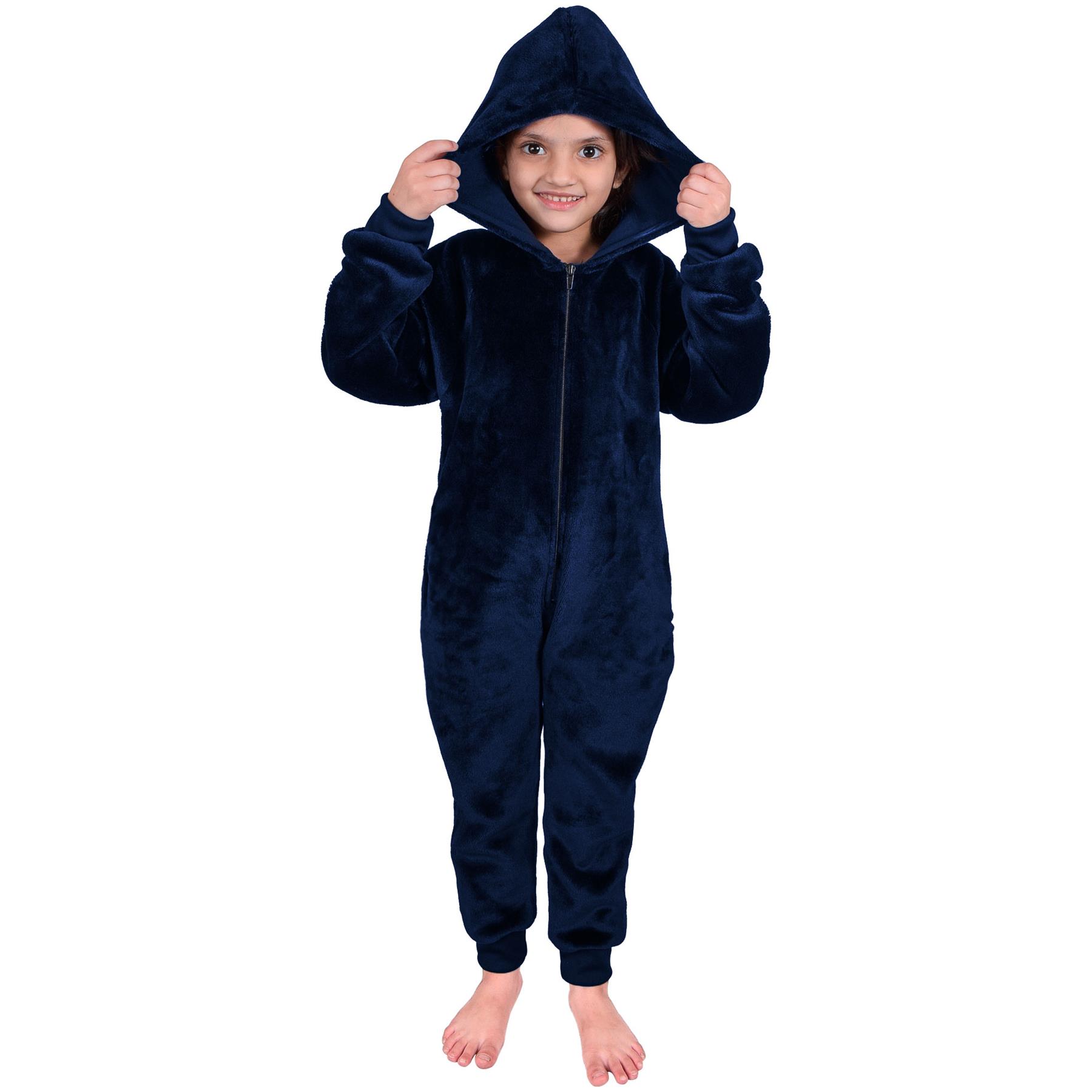 Kids Girls Boys Plain Fleece A2Z Onesie One Piece Hooded All In One Jumpsuit - Picture 16 of 27