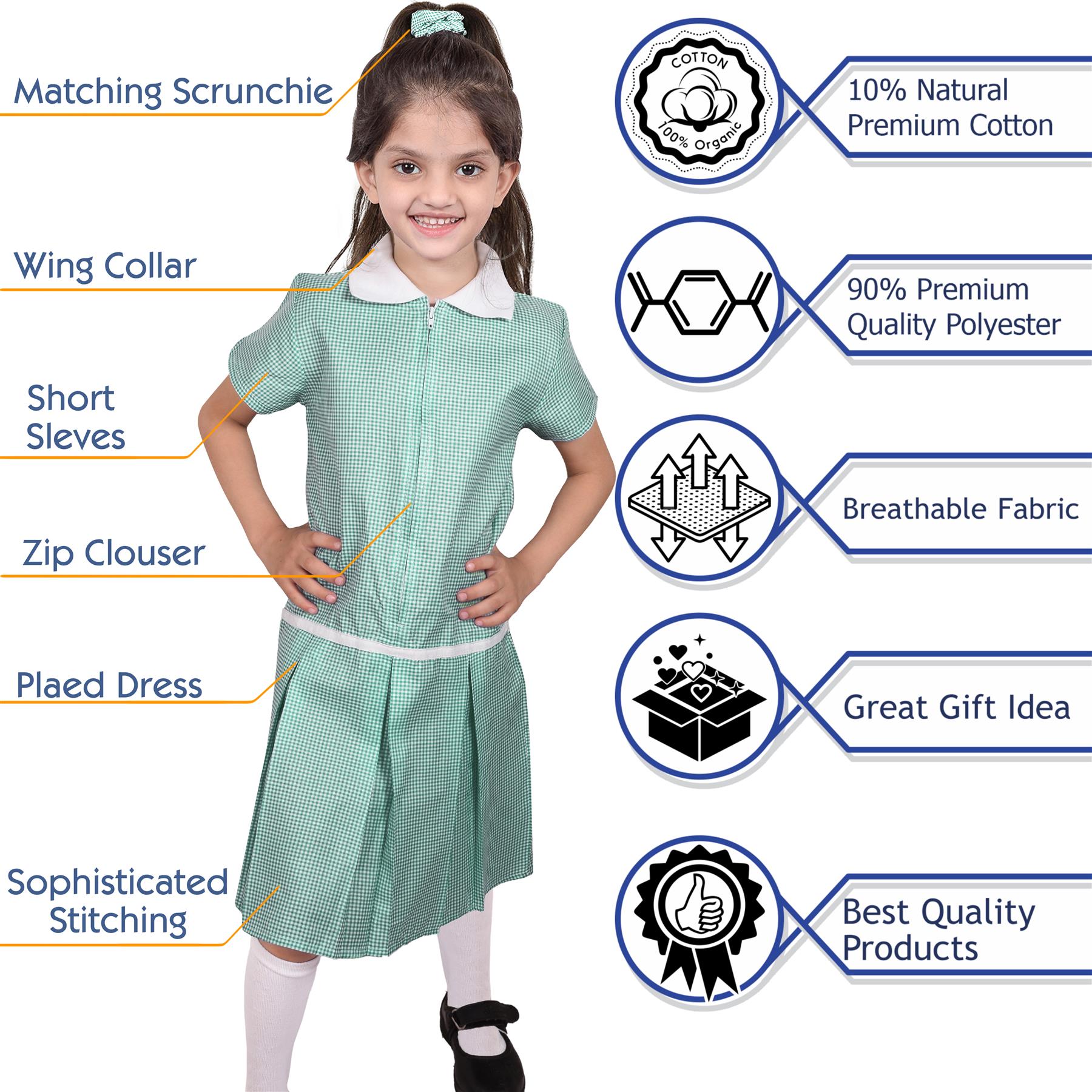 Kids Girls Gingham School Dress Zip Up Check Dresses With Matching Scrunchies - Picture 11 of 16
