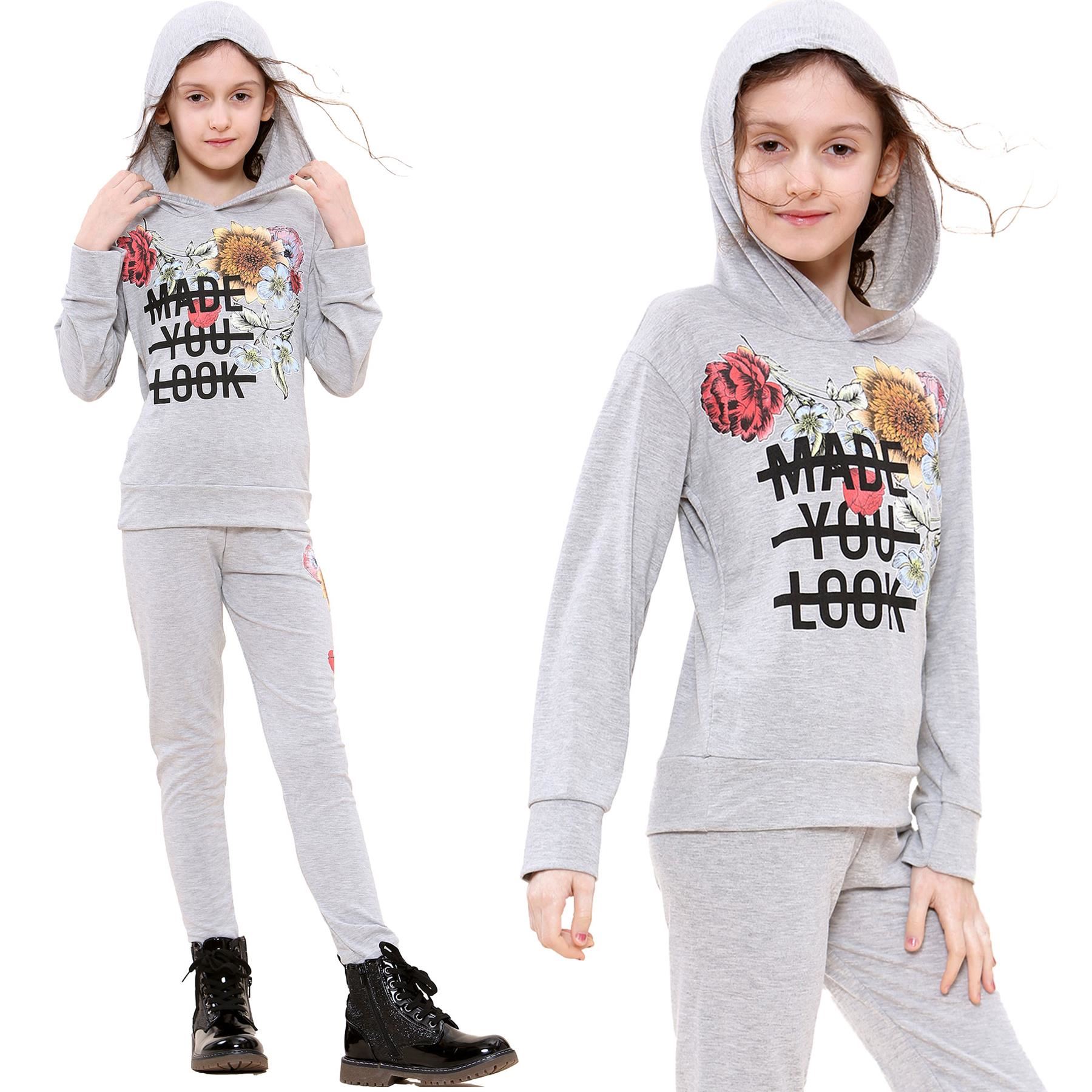 Girls Top Kids Made You Look Print Long Sleeves Hooded Top & Legging Set 5-13 Yr - Picture 17 of 21