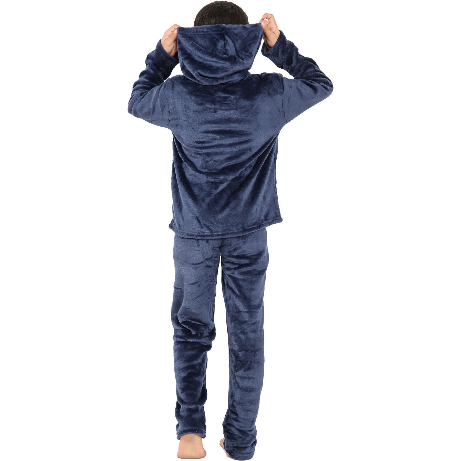 Kids Warm Fleece Hooded Pyjamas For Girls & Boys Sleepover 2 Piece Gift Set - Picture 23 of 31