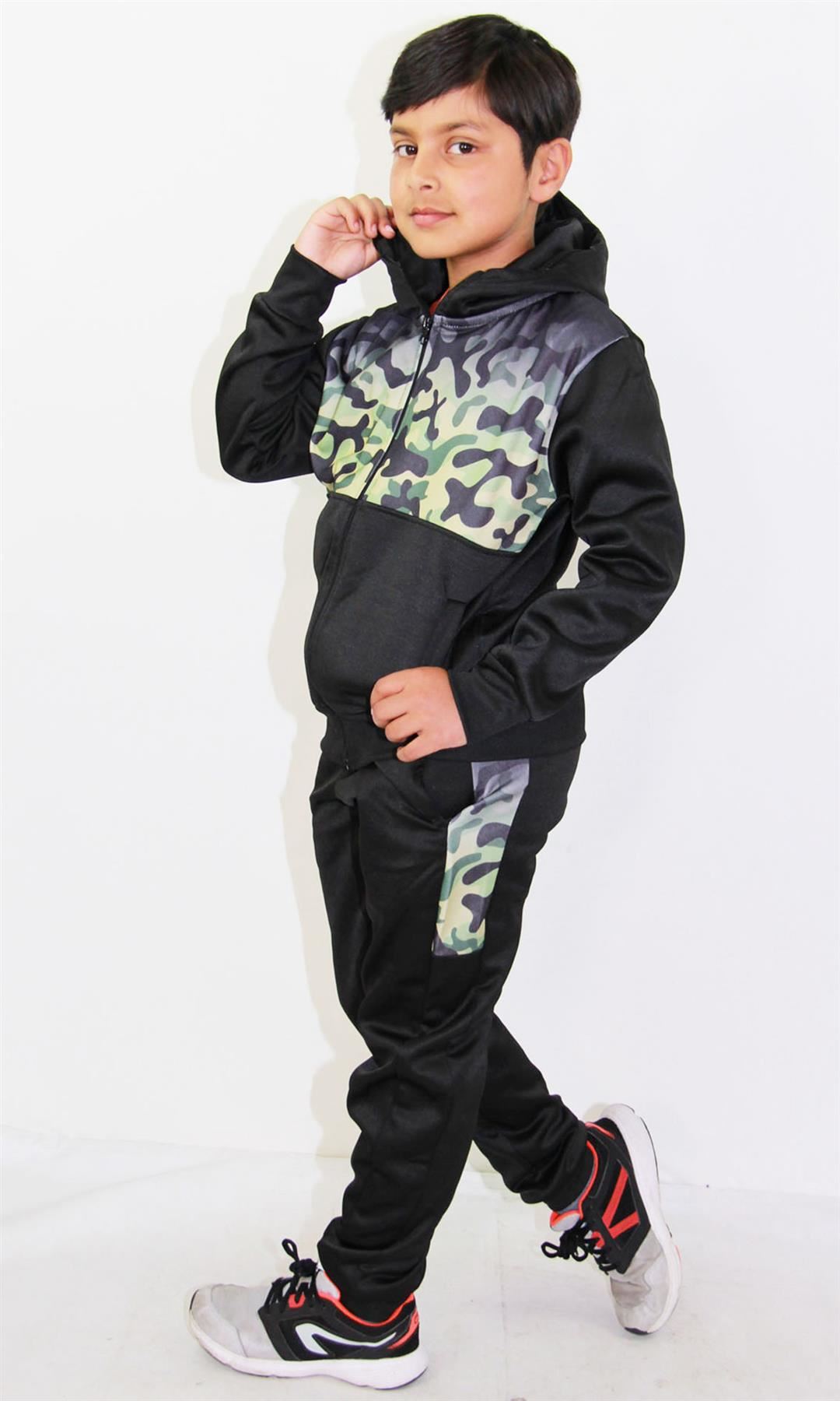 Kids Boys Girls Tracksuit Camouflage Panelled Hooded Top & Bottom