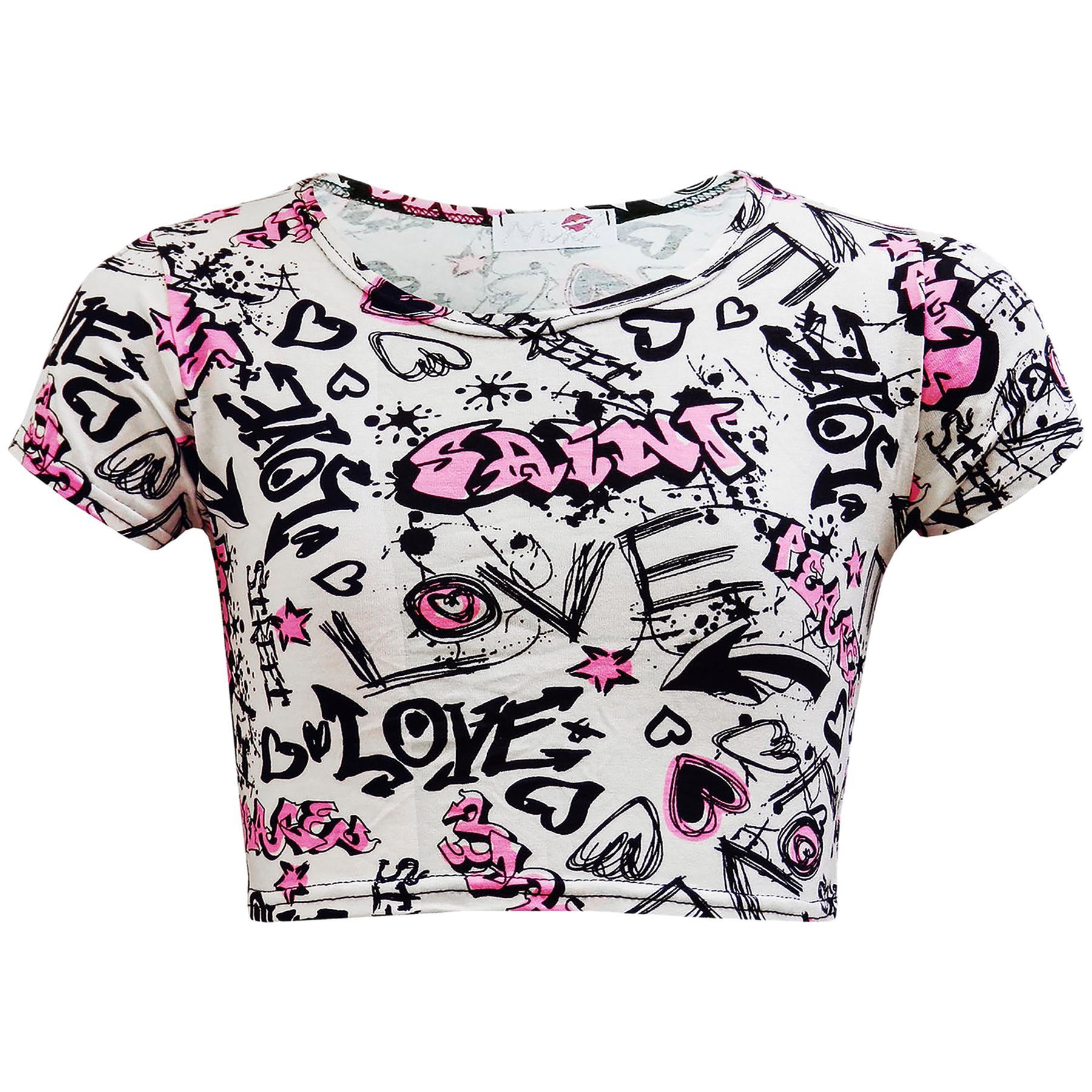 Kids Girls Love Comic Graffiti Print Legging Skater Midi Dress Crop Top Skirt - Picture 7 of 14
