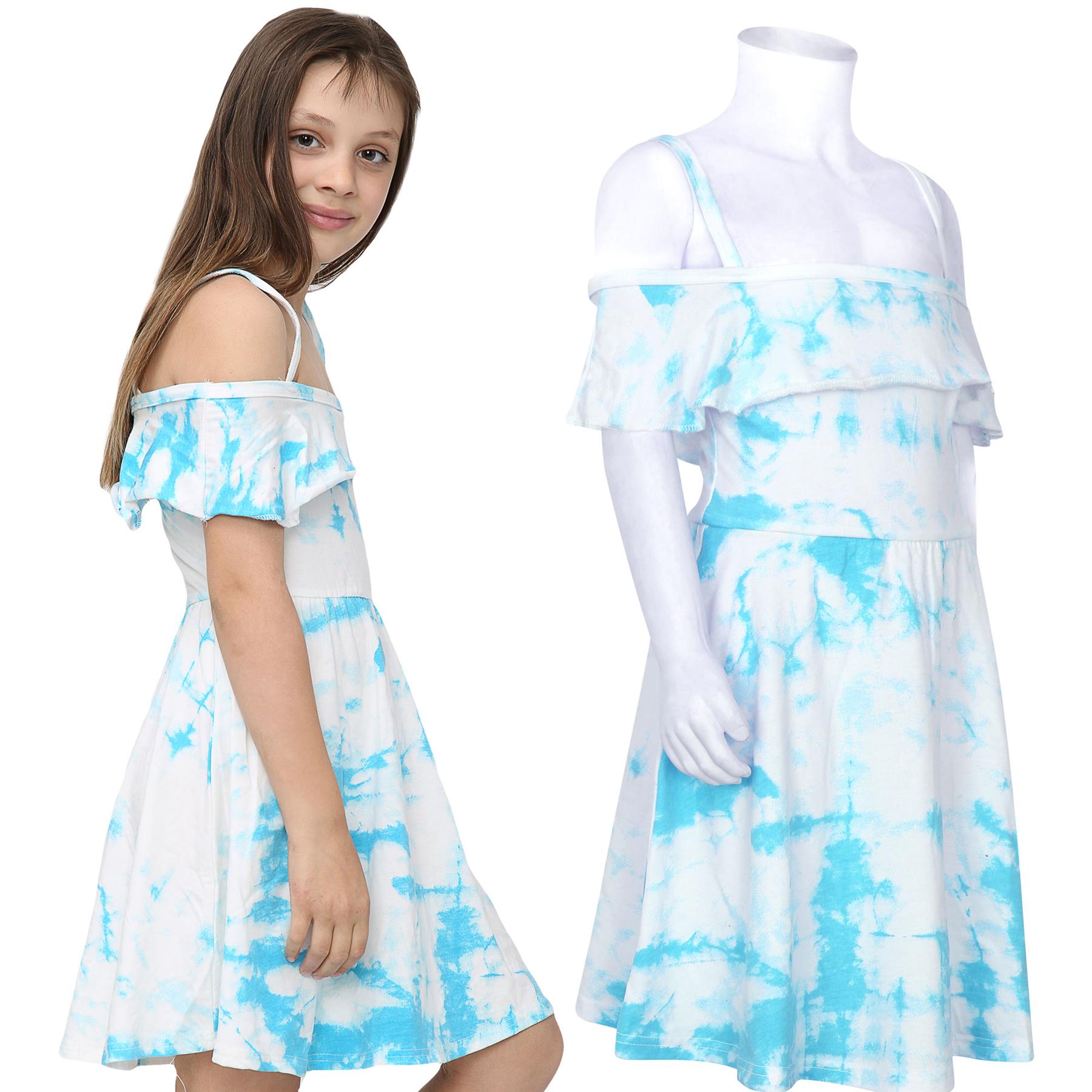 Girls Skater Dress Kids Plain Color Summer Party Off Shoulder Dresses 7-13 Yr - Picture 78 of 111