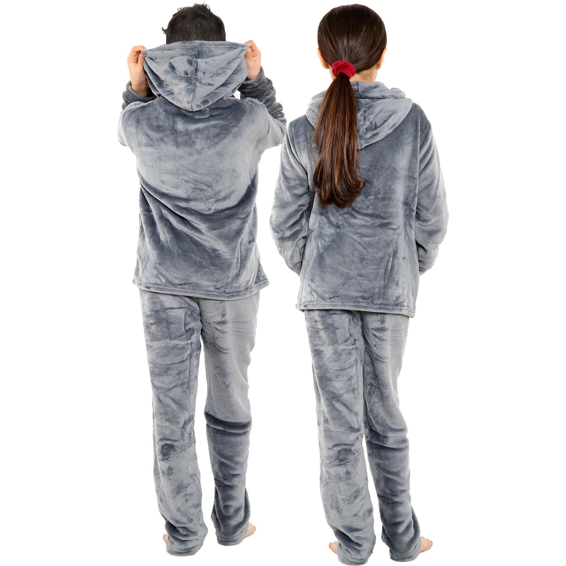 Kids Warm Fleece Hooded Pyjamas For Girls & Boys Sleepover 2 Piece Gift Set - Picture 11 of 31