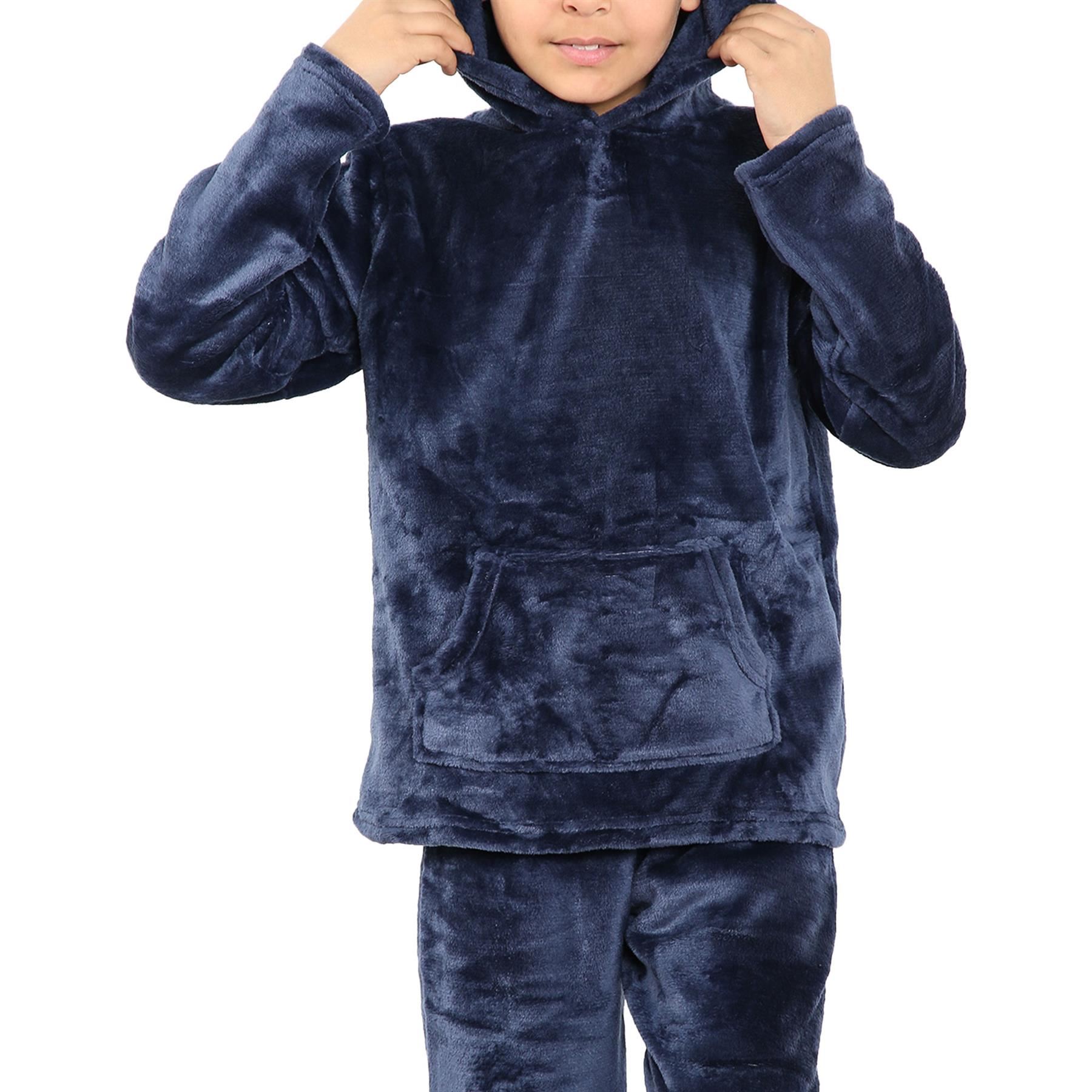 Kids Warm Fleece Hooded Pyjamas For Girls & Boys Sleepover 2 Piece Gift Set - Picture 22 of 31