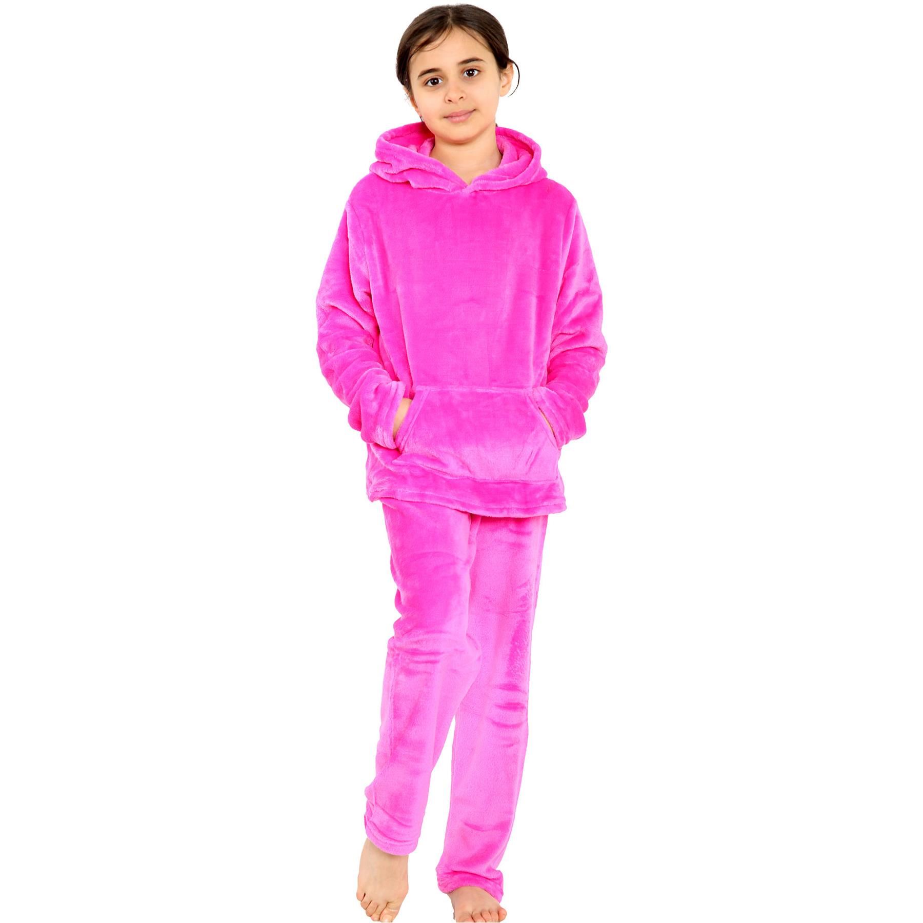 Kids Warm Fleece Hooded Pyjamas For Girls & Boys Sleepover 2 Piece Gift Set - Picture 26 of 31