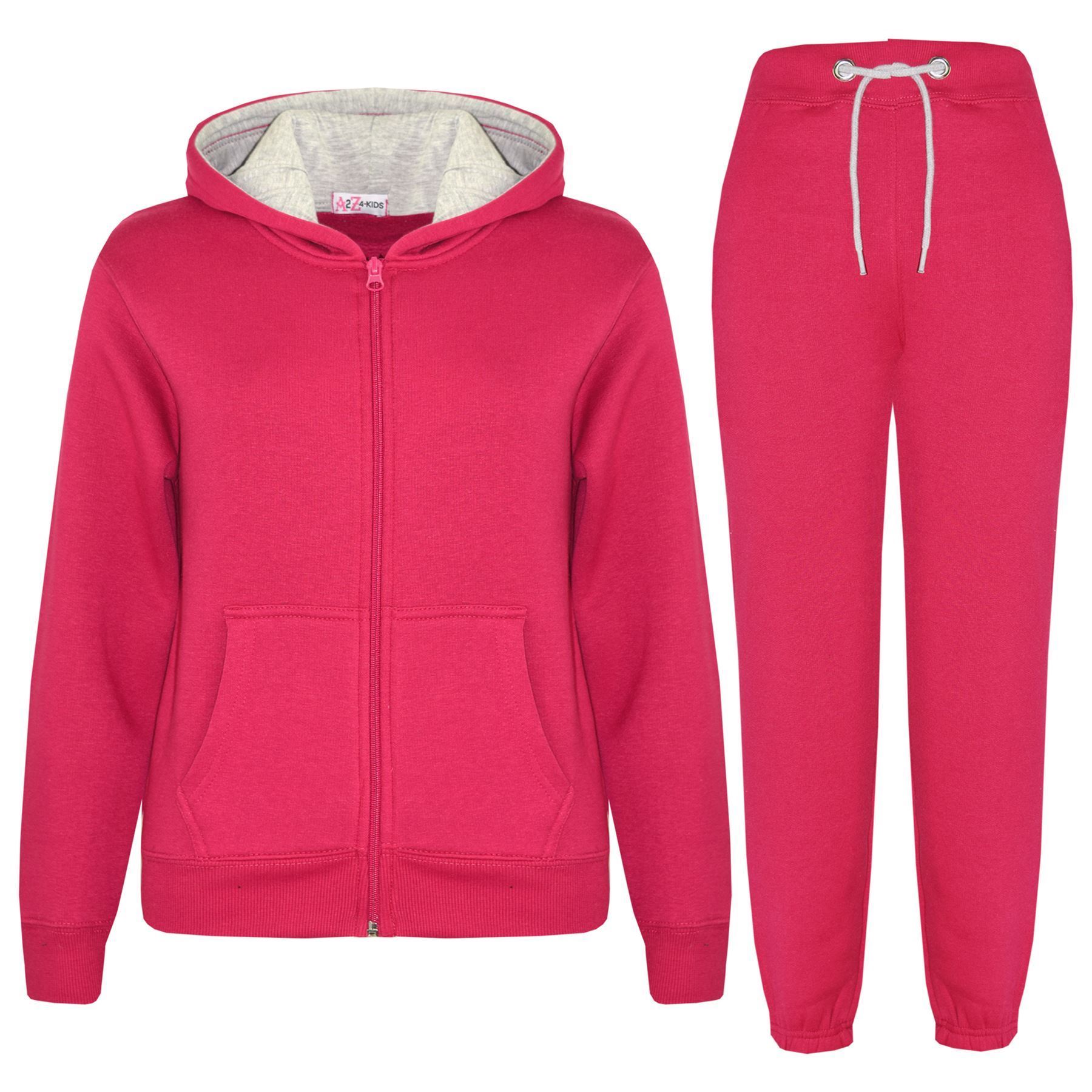 Kids Unisex Plain Tracksuit Contrast Hoodie with Joggers Sports Activewear Set - Picture 87 of 116