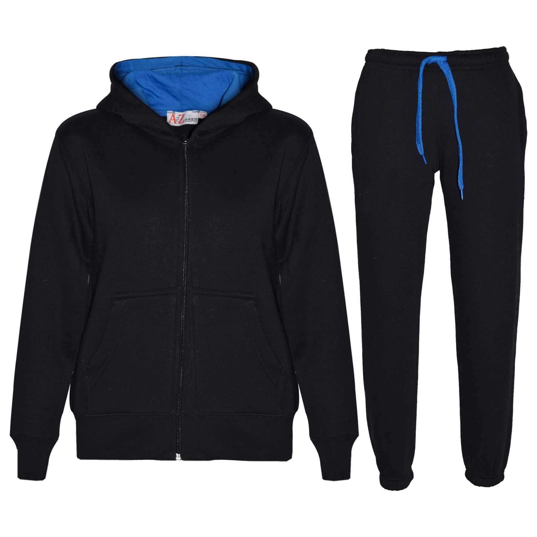 Kids Unisex Plain Tracksuit Contrast Hoodie with Joggers Sports Activewear Set - Picture 16 of 116