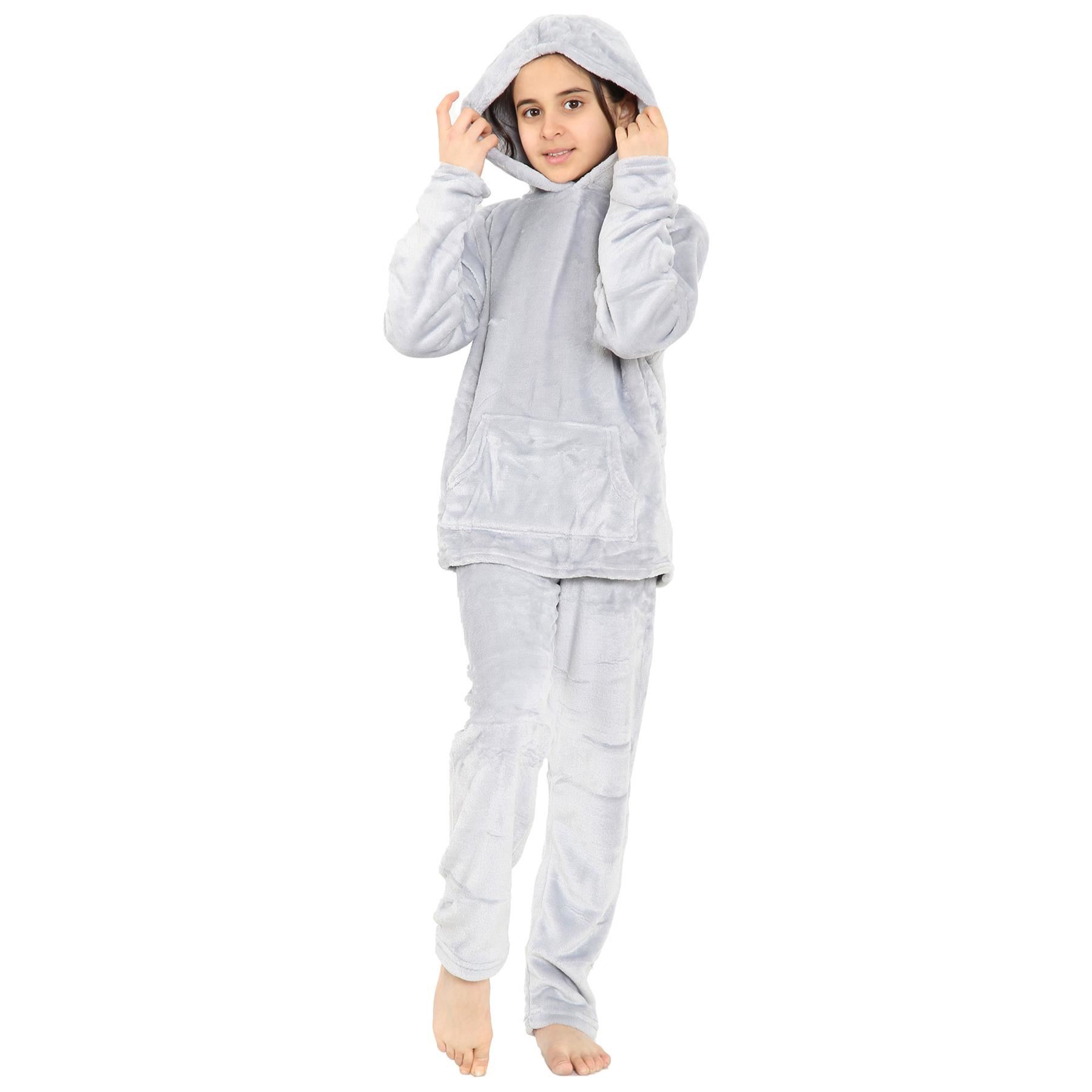 Kids Warm Fleece Hooded Pyjamas For Girls & Boys Sleepover 2 Piece Gift Set - Picture 16 of 31