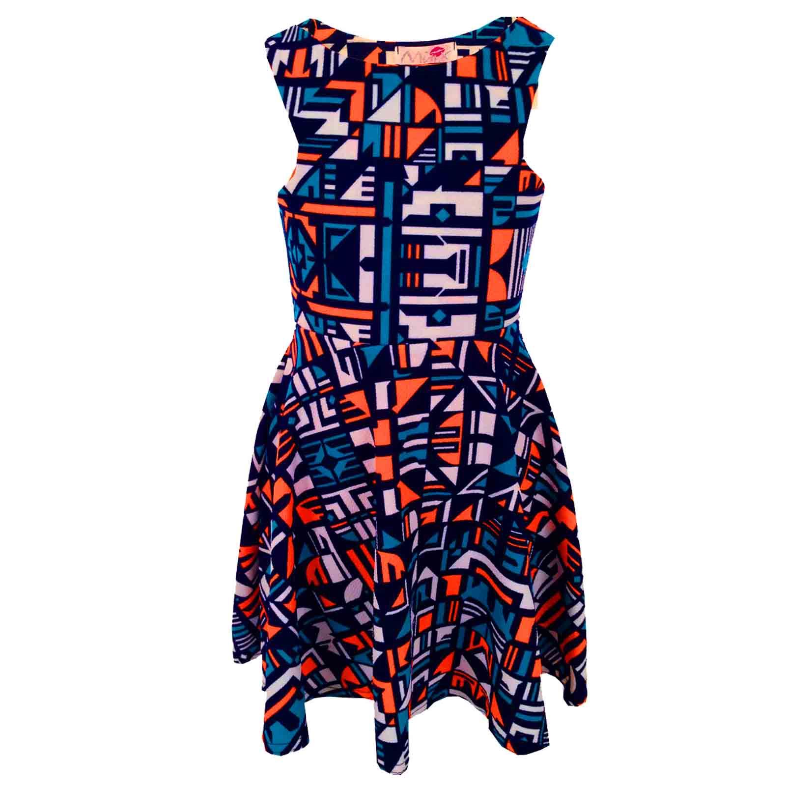 Kids Girls Orange & Blue Aztec Print Skater Skirt Midi Dress Crop Top Legging - Picture 5 of 8