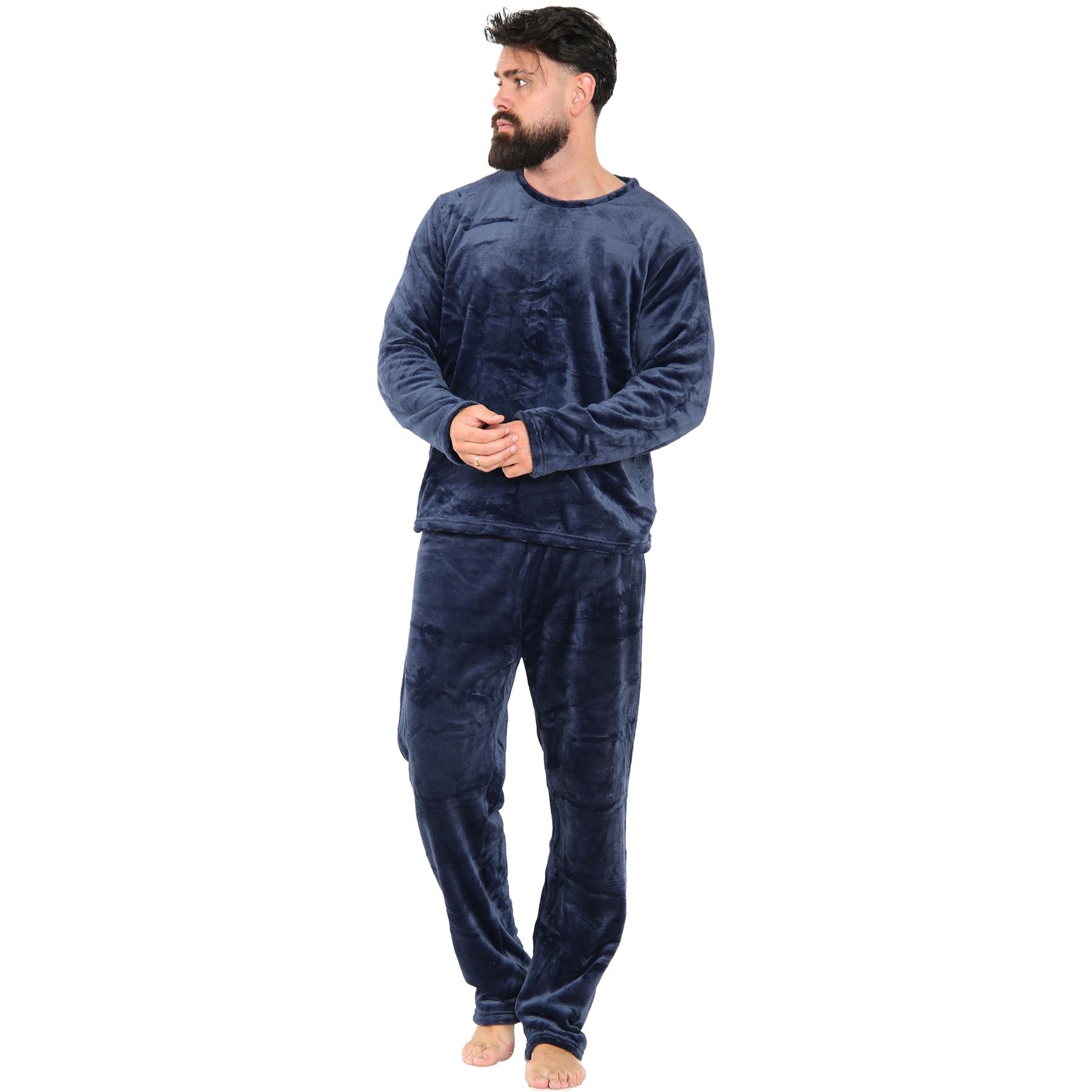 Mens Pyjamas Soft Warm Fleece Adults Crew Neck Pyjamas 2 Piece Gift Set For Mens - Picture 21 of 25