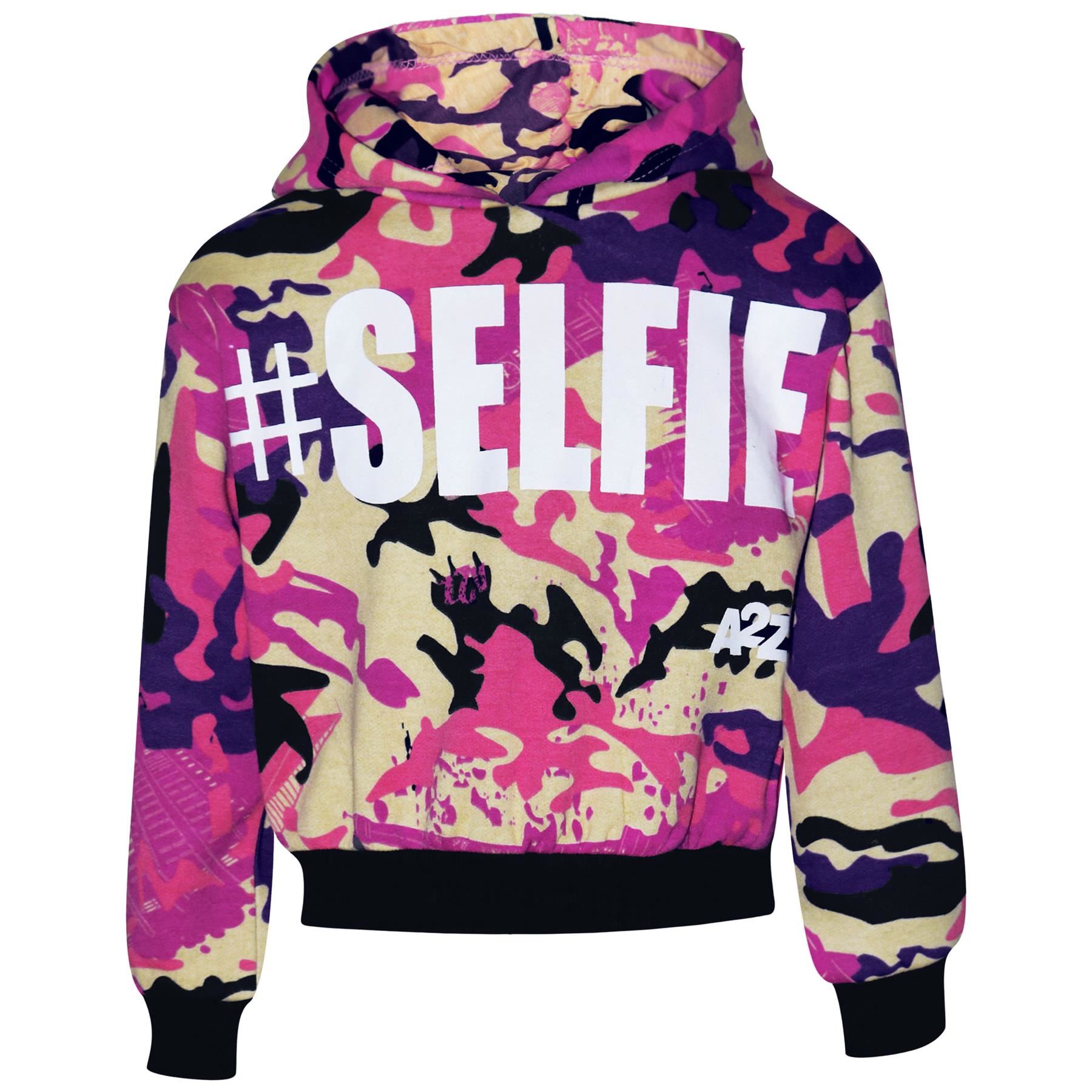 Selfie Print Joggers Kids Girls Tracksuit - #Selfie Hooded Crop Top & Jogger Set In Camo Green Children Lounge Wear - Foto 9
