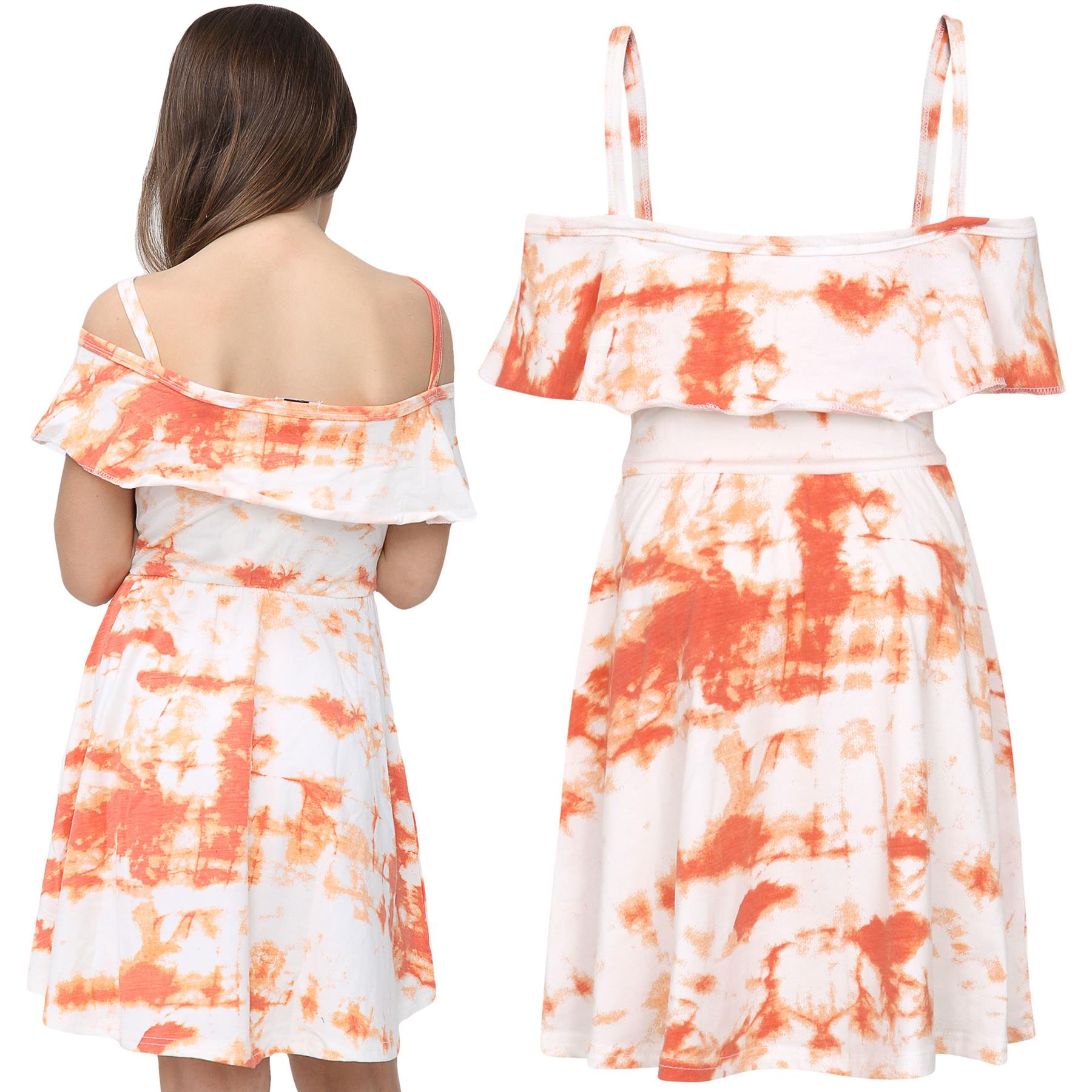 Girls Skater Dress Kids Plain Color Summer Party Off Shoulder Dresses 7-13 Yr - Picture 95 of 111