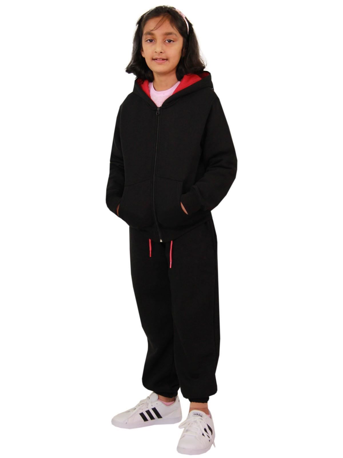 Kids Unisex Plain Tracksuit Contrast Hoodie with Joggers Sports Activewear Set - Picture 23 of 116