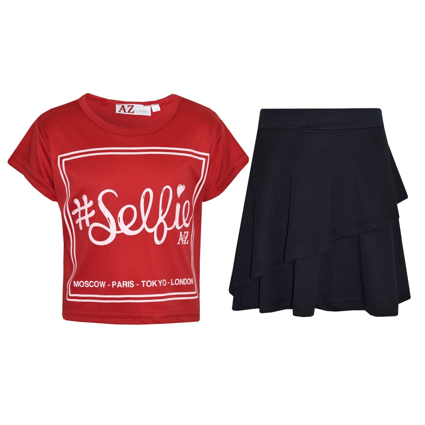 Kids Girls Crop Top And Fril Skirt Trendy Stylish Crew Neck Skater Skirt Set - Picture 20 of 41