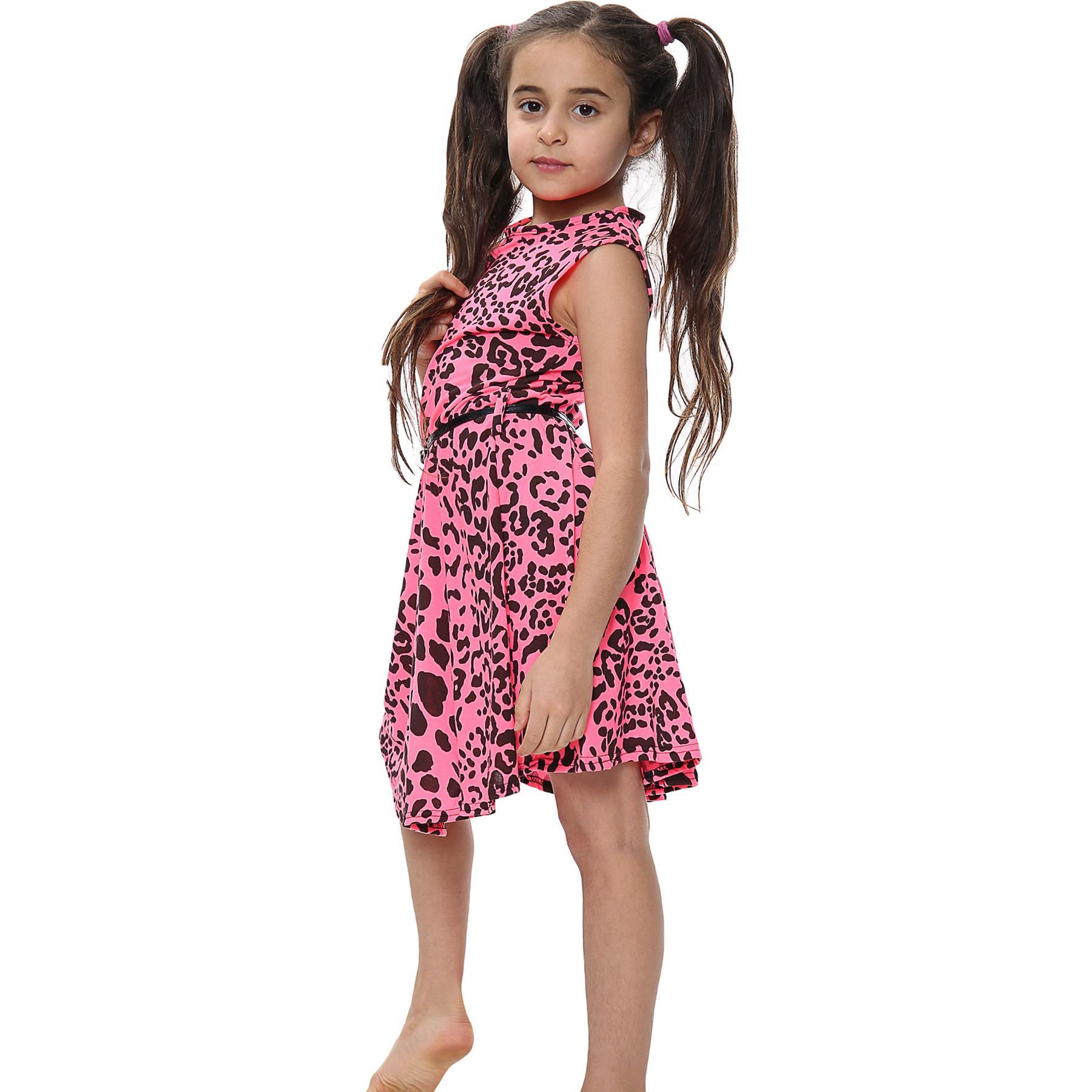 Kids Girls Skater Dress Leopard Print Neon Pink Dance Party Summer