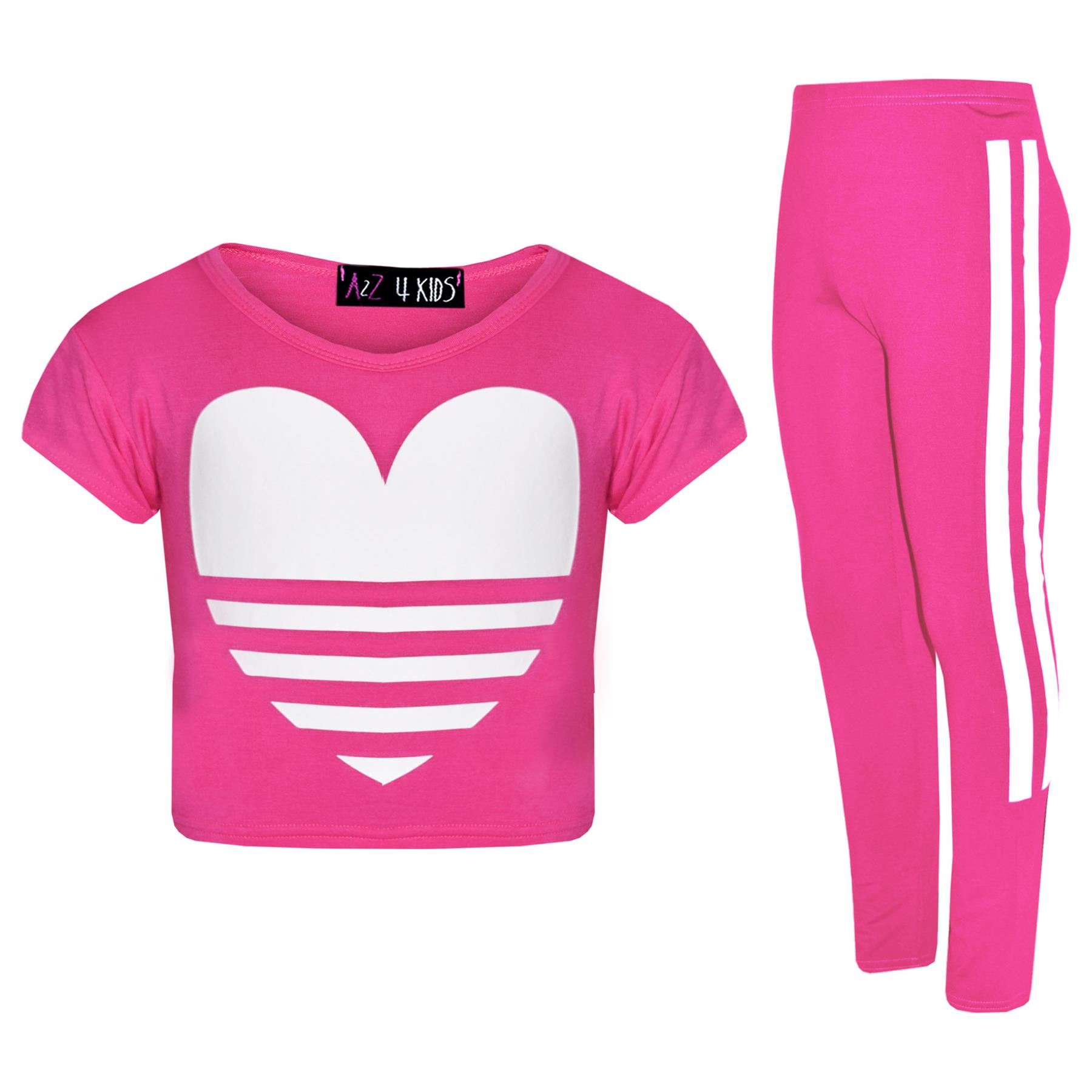 Girls Tops Kids Designer's Heart Print Crop Top & Fashion Legging Set 5-12 Years - Picture 8 of 23