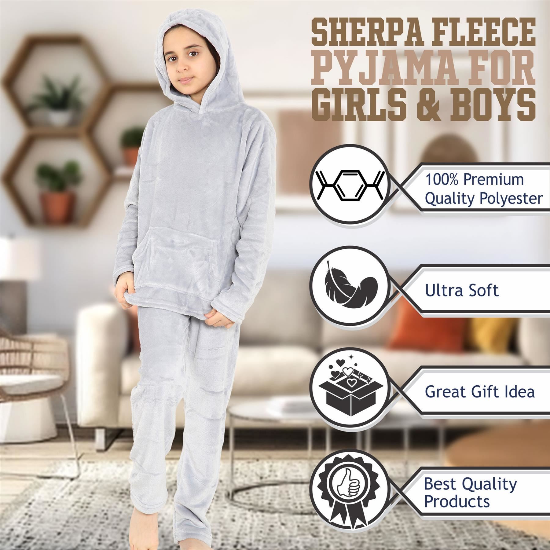 Kids Warm Fleece Hooded Pyjamas For Girls & Boys Sleepover 2 Piece Gift Set - Picture 19 of 31