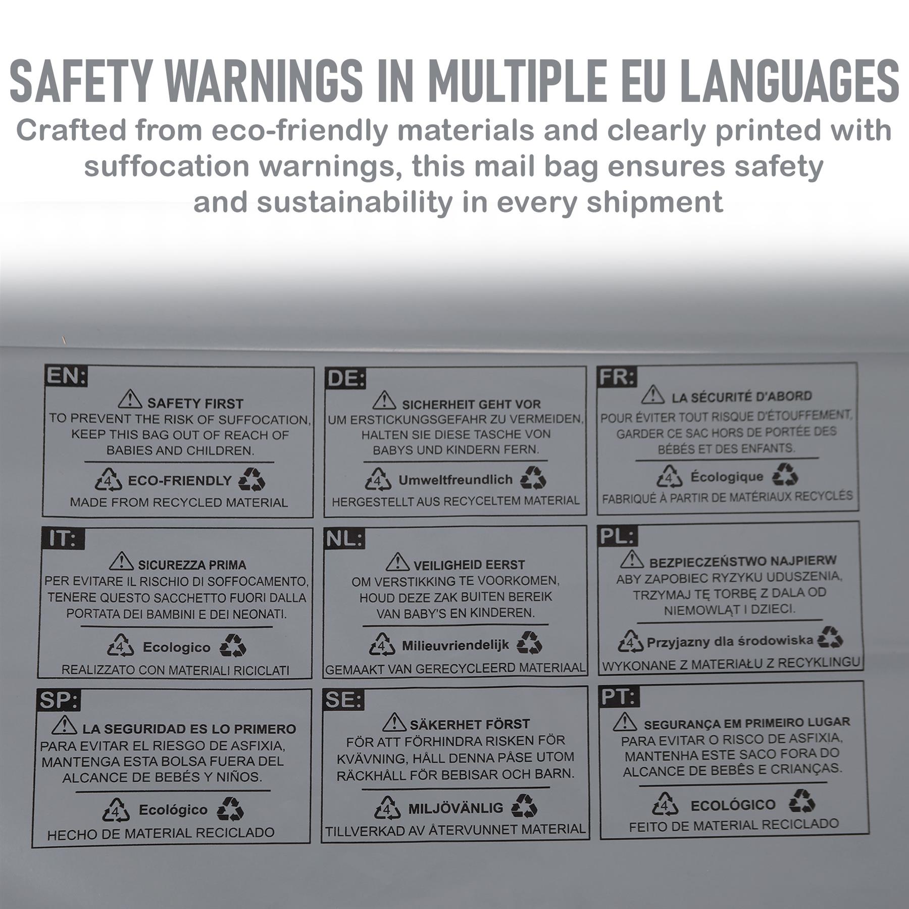 A2Z Eco-Friendly Grey Poly Mail Bag Self Seal Postal Packaging EU Safety Warning