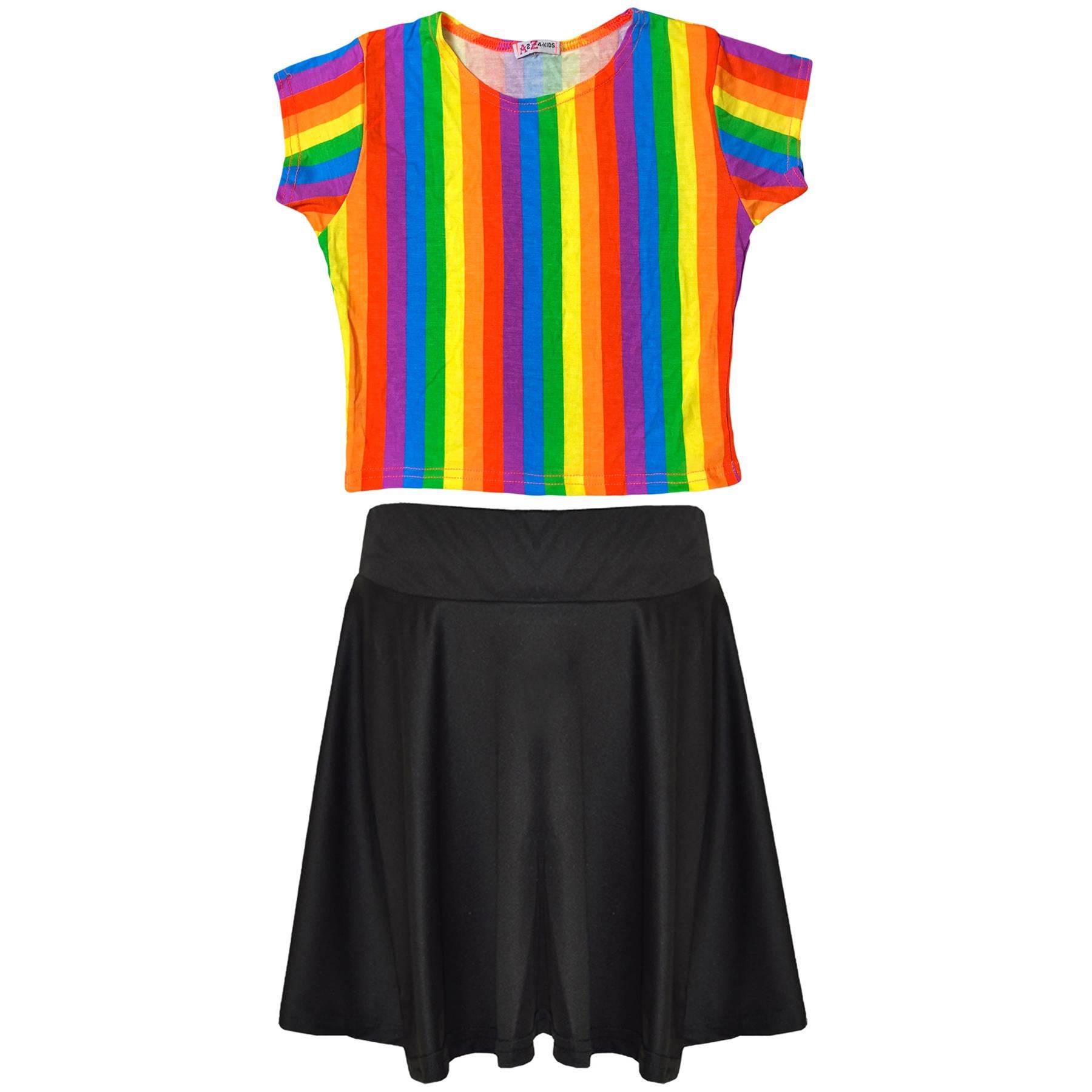 Girls Rainbow Clothing Crop Tops Skirts Dresses Jumpsuits Leggings Party Wear - Picture 2 of 8