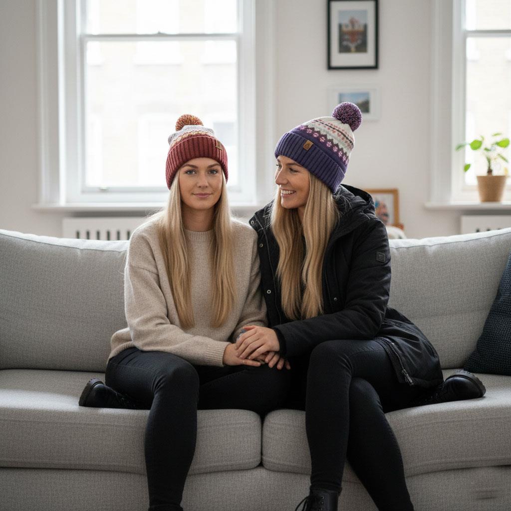 Ladies Hats Thermal Sherpa Lined Nordic Bobble Beanie Pom Pom Winter Warm Caps - Produktbild 2