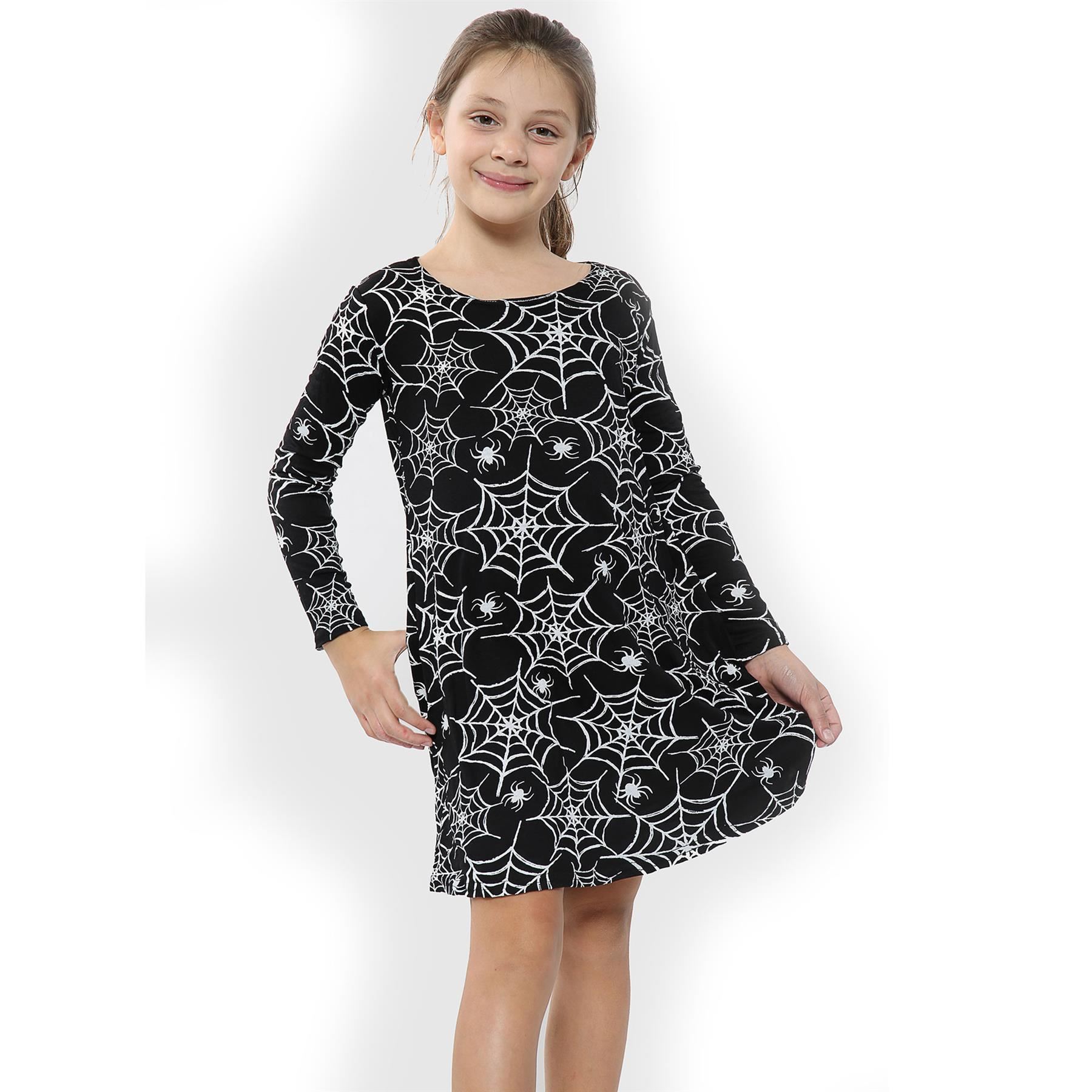 Girls Halloween Dresses Spider Web Skater Swing Dress Fancy Costume Legging - Picture 12 of 15
