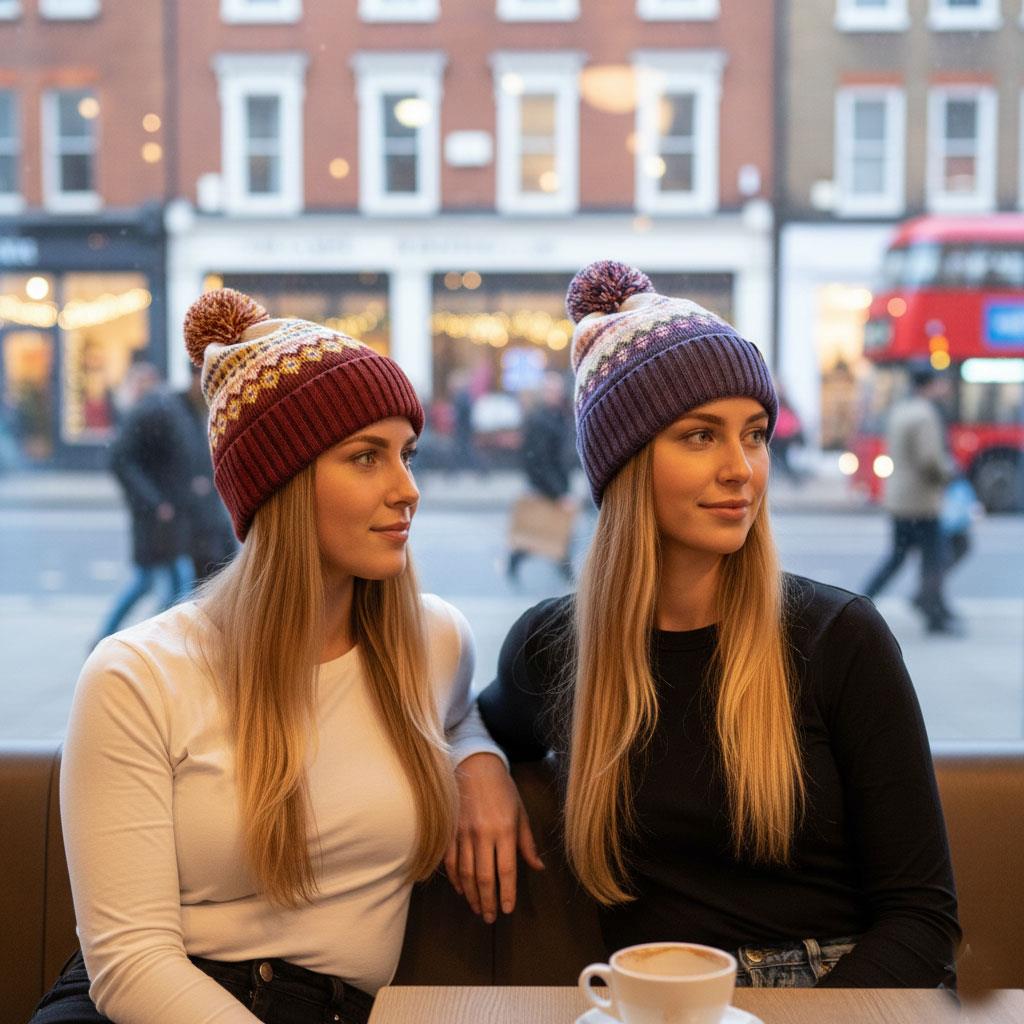 Ladies Hats Thermal Sherpa Lined Nordic Bobble Beanie Pom Pom Winter Warm Caps - Produktbild 5