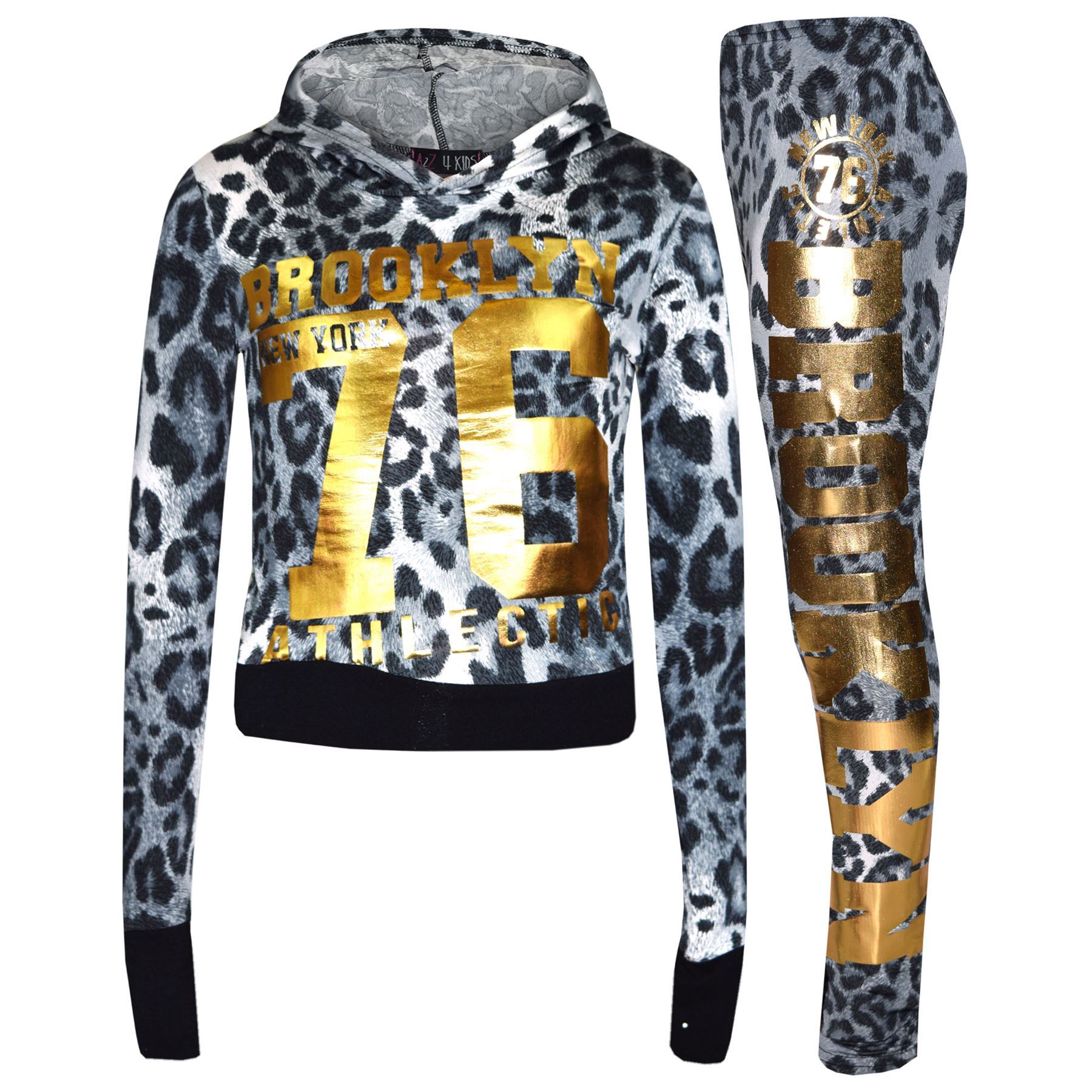 Girls Tops Kids Brooklyn 76 Leopard Print Hooded Crop Top Legging Loungewear Set - Picture 10 of 16