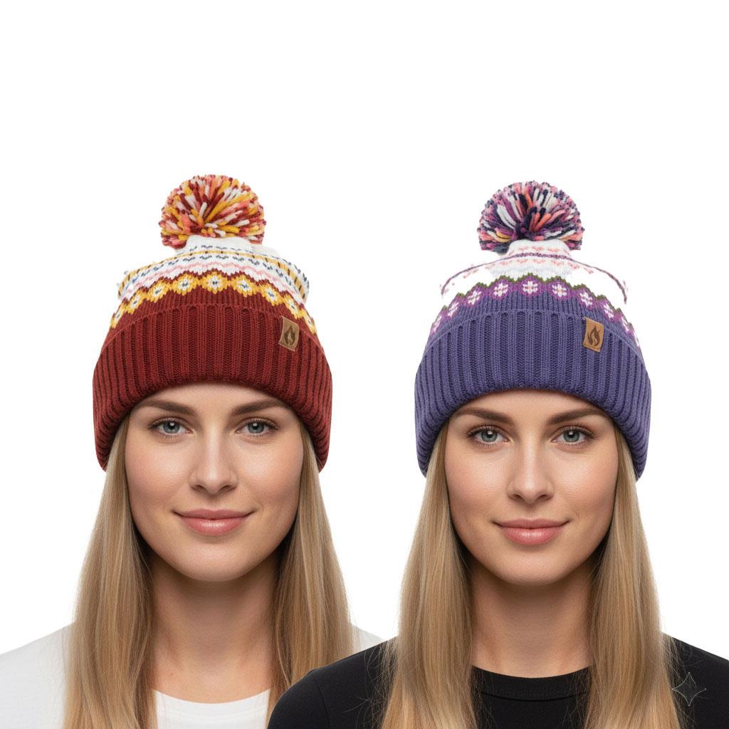 Ladies Hats Thermal Sherpa Lined Nordic Bobble Beanie Pom Pom Winter Warm Caps