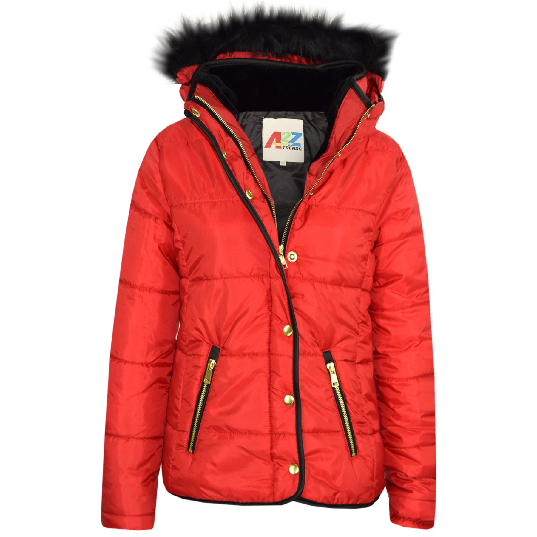 Girls Jackets Kids Red Padded Puffer Bubble Fur Collar Quilted