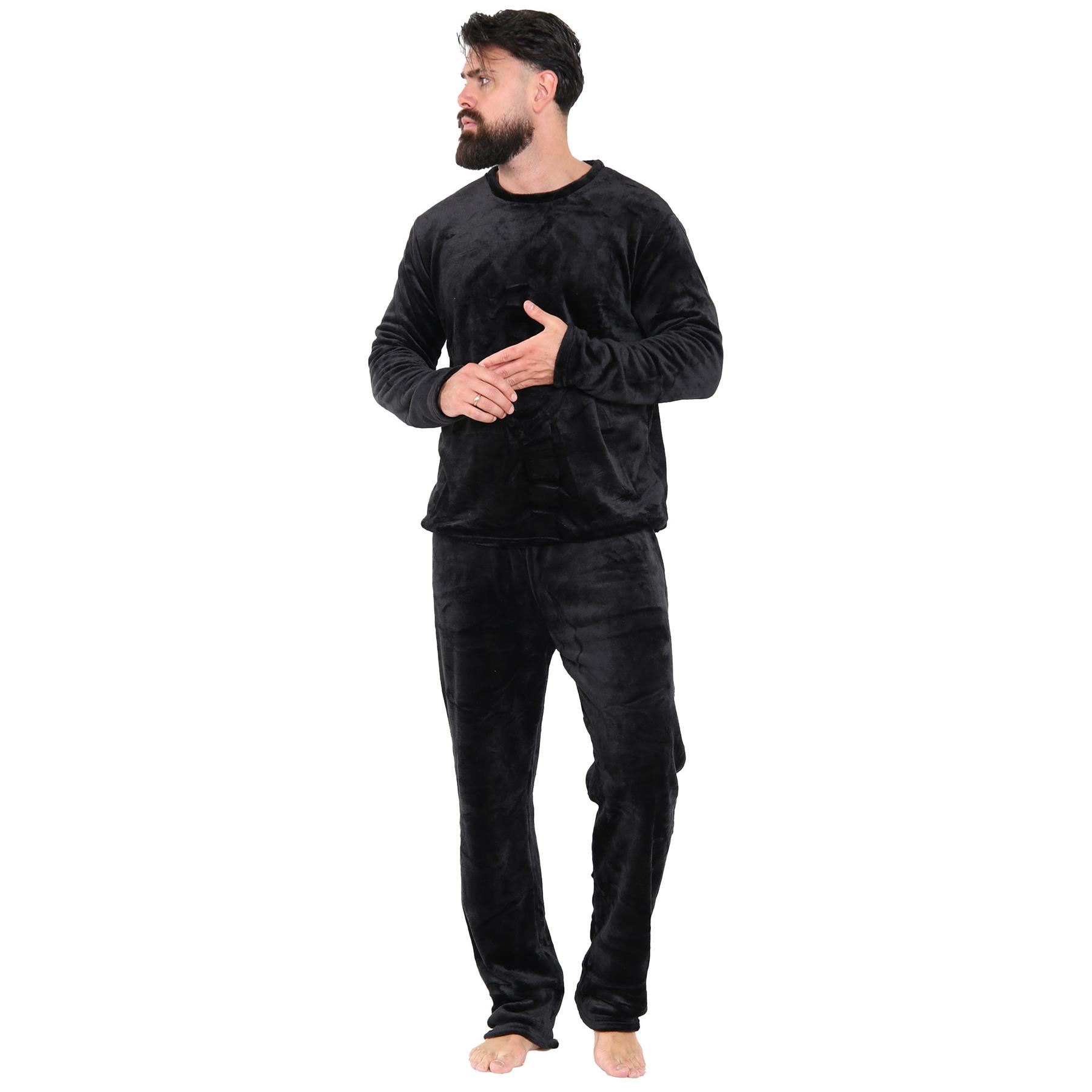 Mens Pyjamas Soft Warm Fleece Adults Crew Neck Pyjamas 2 Piece Gift Set For Mens - Picture 5 of 25