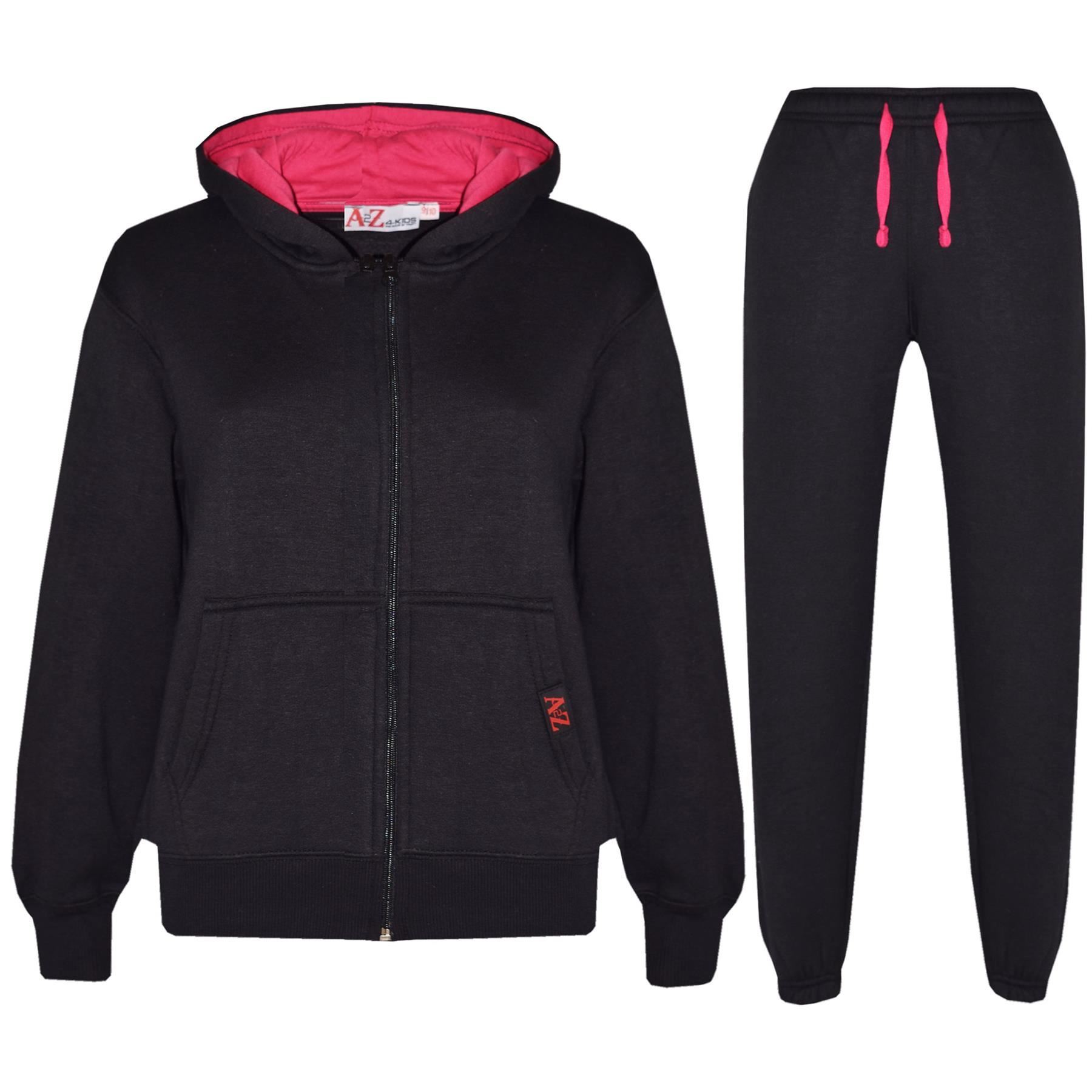 Kids Unisex Plain Tracksuit Contrast Hoodie with Joggers Sports Activewear Set - Picture 21 of 116