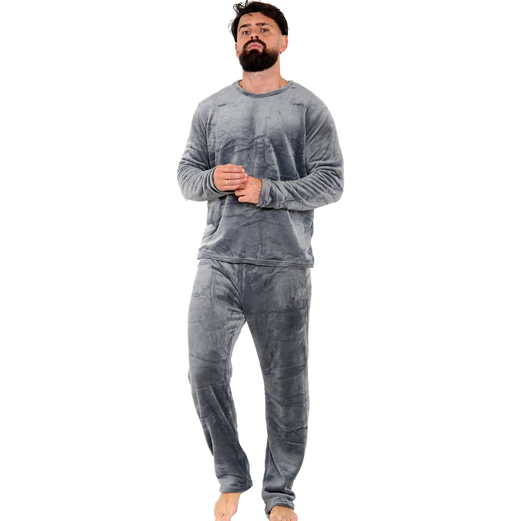 Mens Pyjamas Soft Warm Fleece Adults Crew Neck Pyjamas 2 Piece Gift Set For Mens - Picture 10 of 25