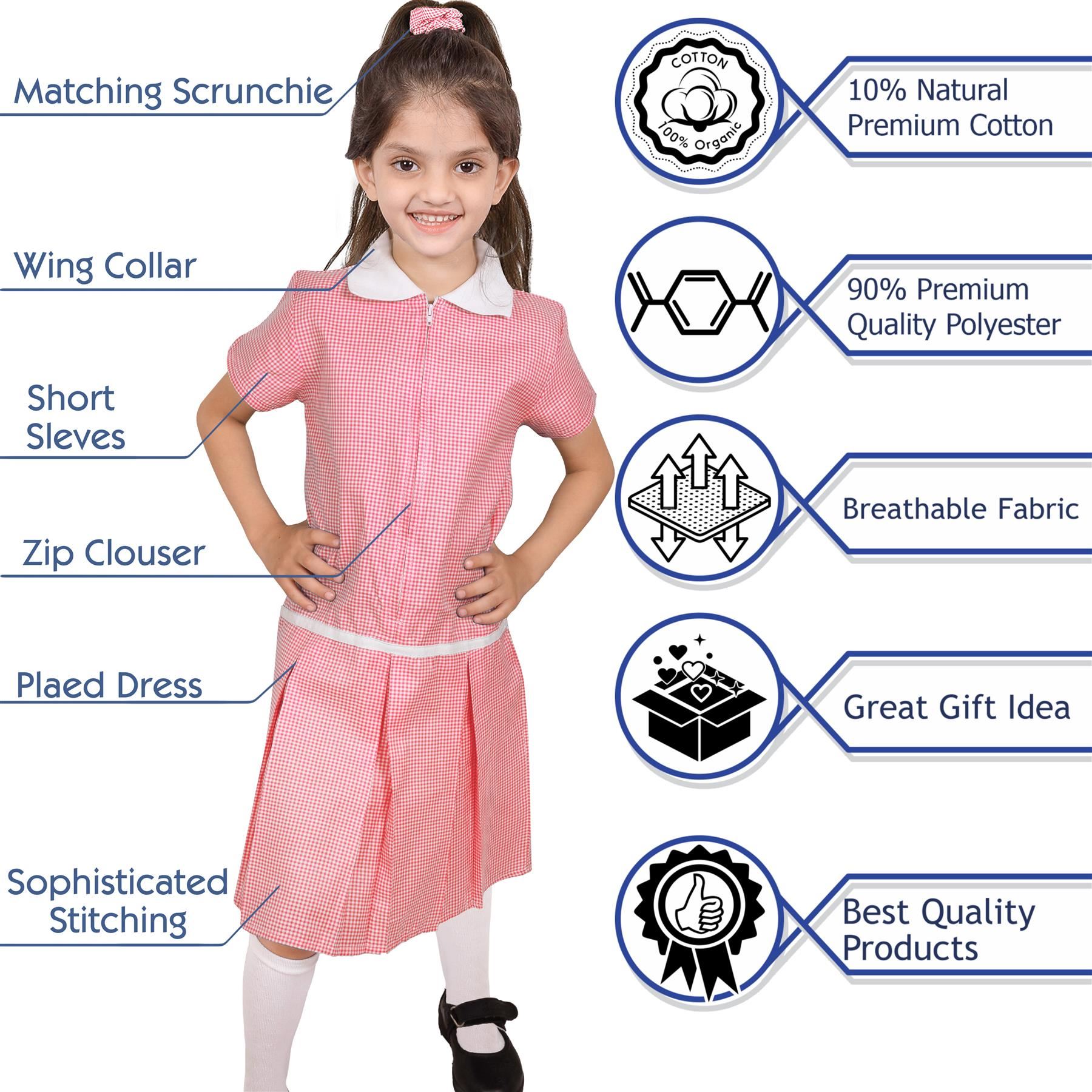 Kids Girls Gingham School Dress Zip Up Check Dresses With Matching Scrunchies - Picture 16 of 16