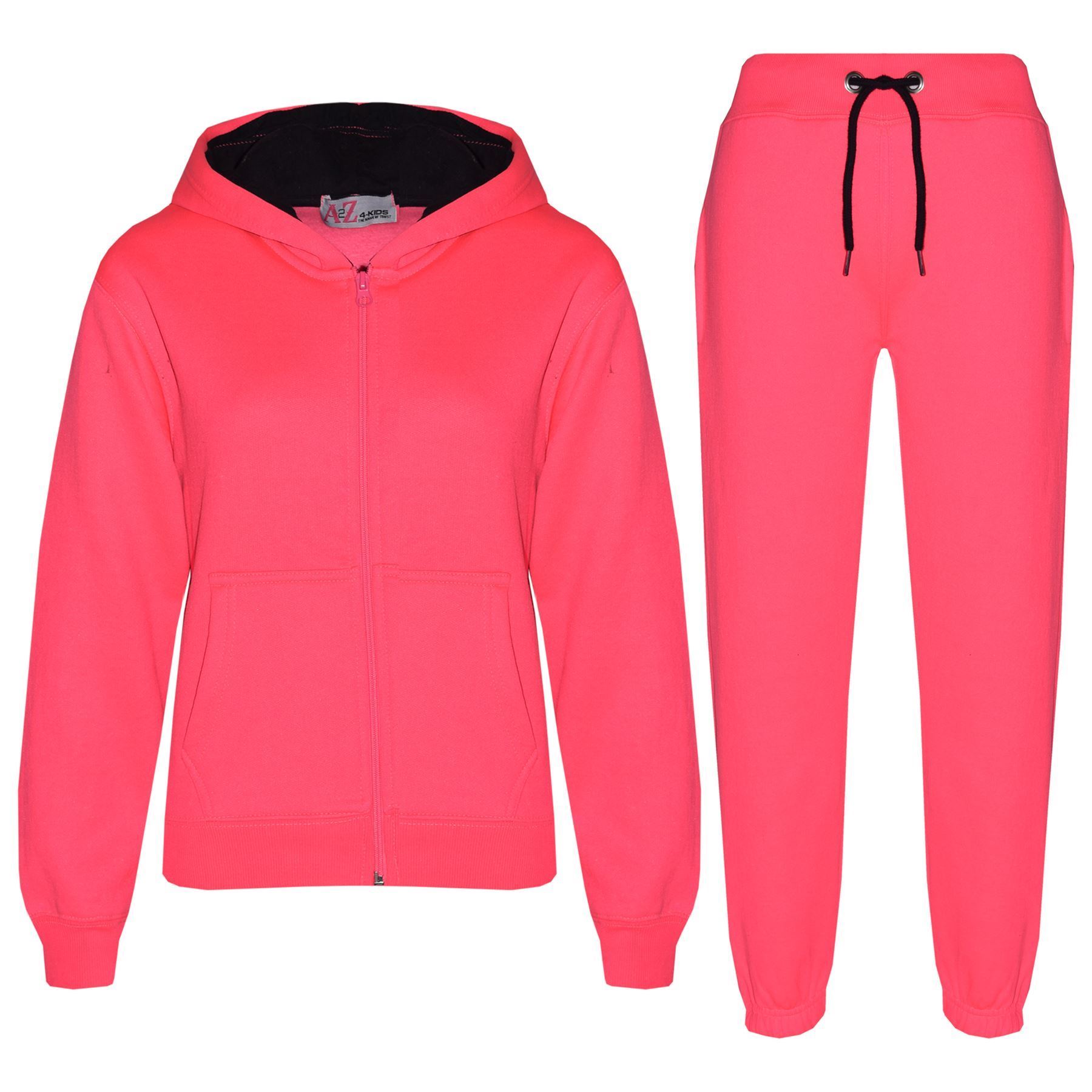 Kids Unisex Plain Tracksuit Contrast Hoodie with Joggers Sports Activewear Set - Picture 79 of 116