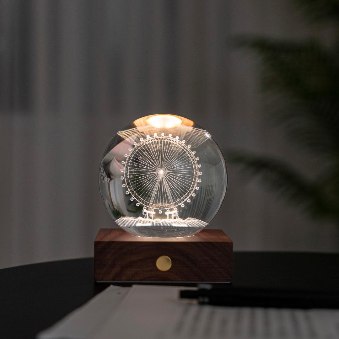 Crystal LED Desk Lamp Weighted Amber Ball Wooden Base Ginkgo Assorted Design - Picture 17 of 79