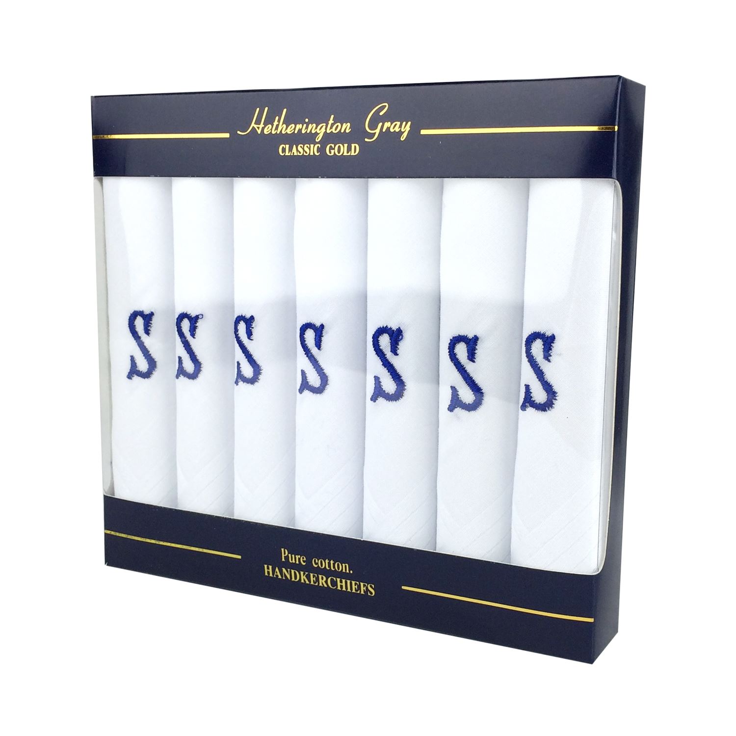 7 Pack Of Mens White Satin Bordered Handkerchiefs With Initials