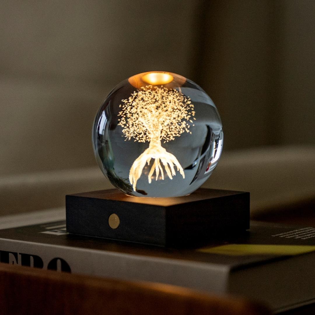 Crystal LED Desk Lamp Weighted Amber Ball Wooden Base Ginkgo Assorted Design - Picture 72 of 79