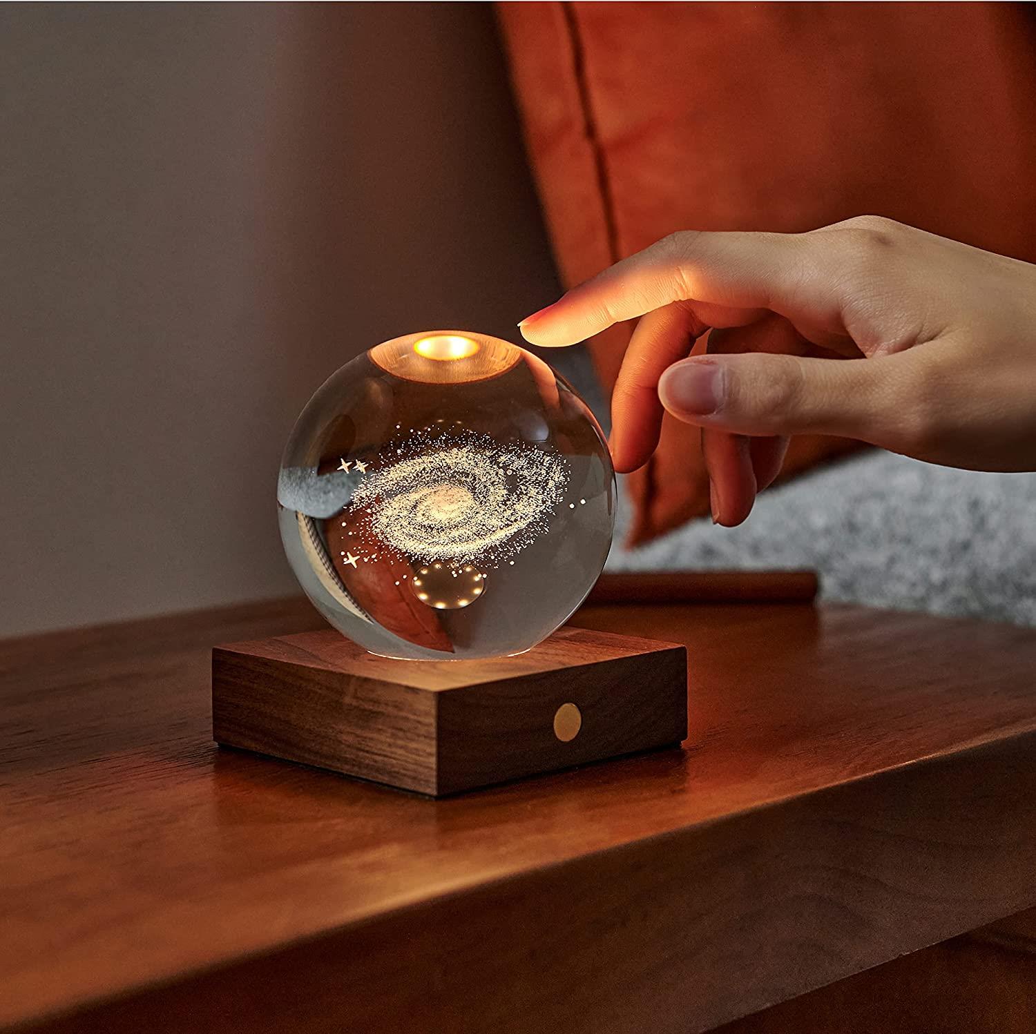 Crystal LED Desk Lamp Weighted Amber Ball Wooden Base Ginkgo Assorted Design - Picture 20 of 79