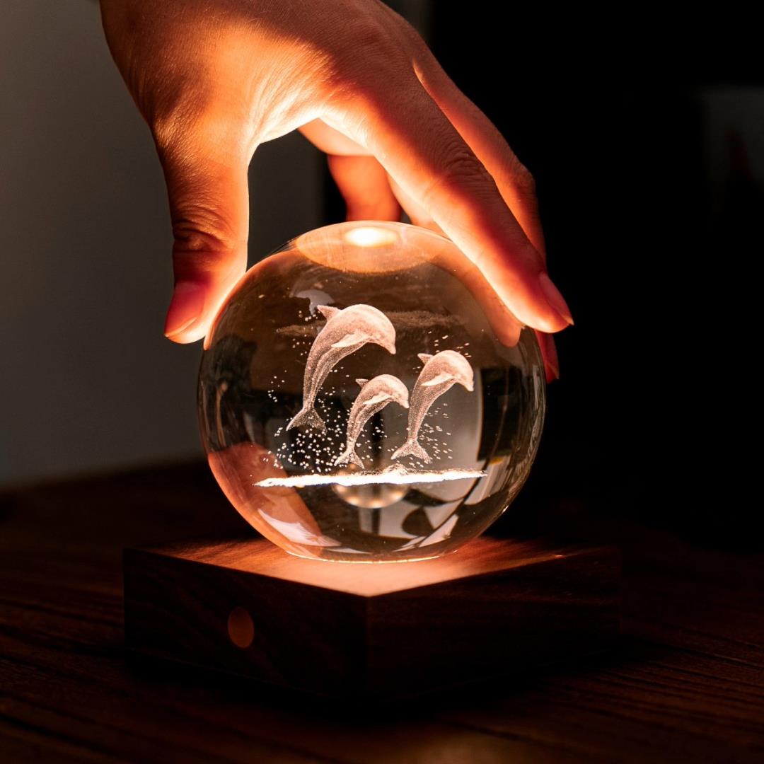 Crystal LED Desk Lamp Weighted Amber Ball Wooden Base Ginkgo Assorted Design - Picture 13 of 79